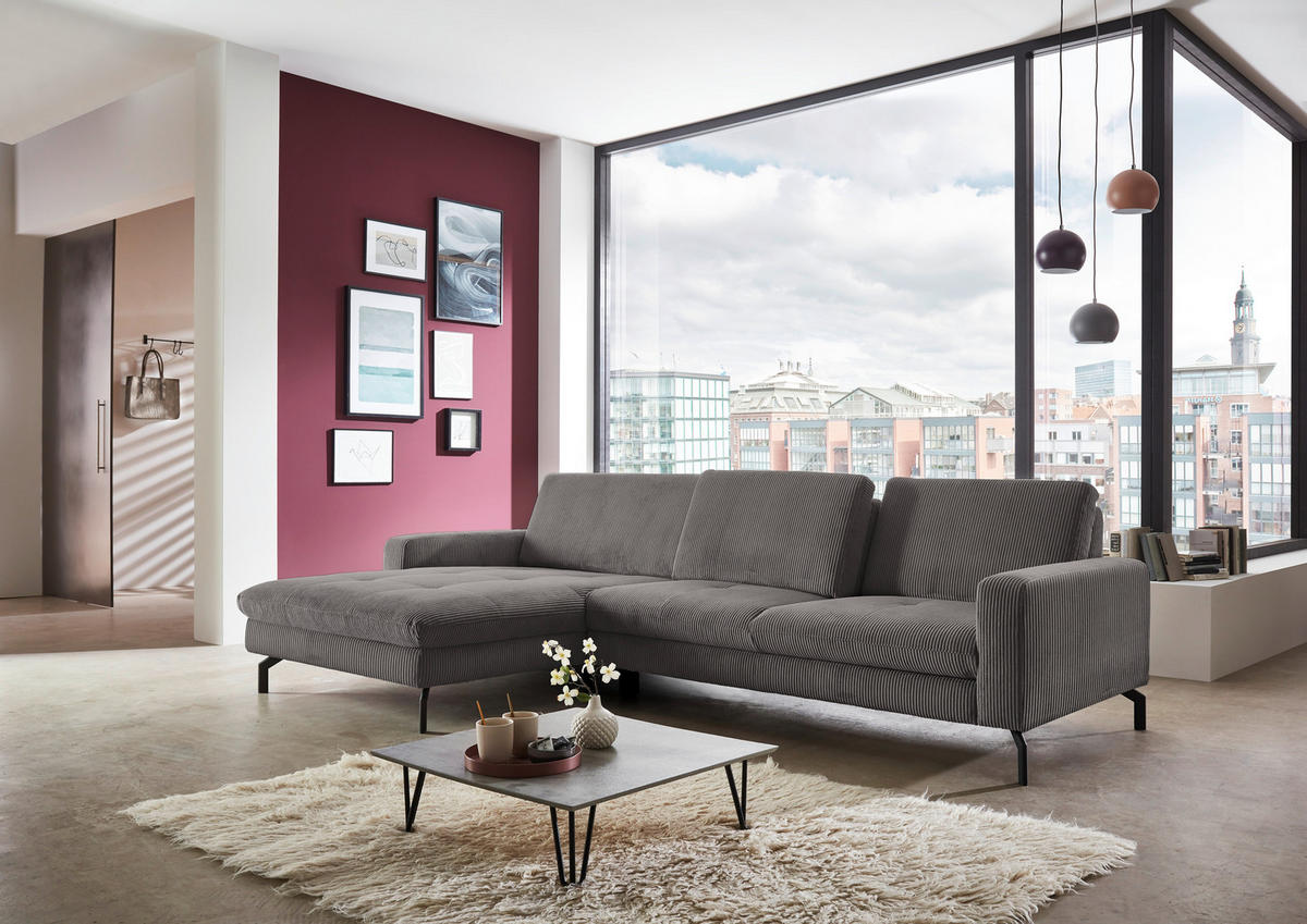 ECKSOFA in Cord Anthrazit  - Anthrazit/Schwarz, Design, Textil/Metall (178/302cm) - Beldomo Style