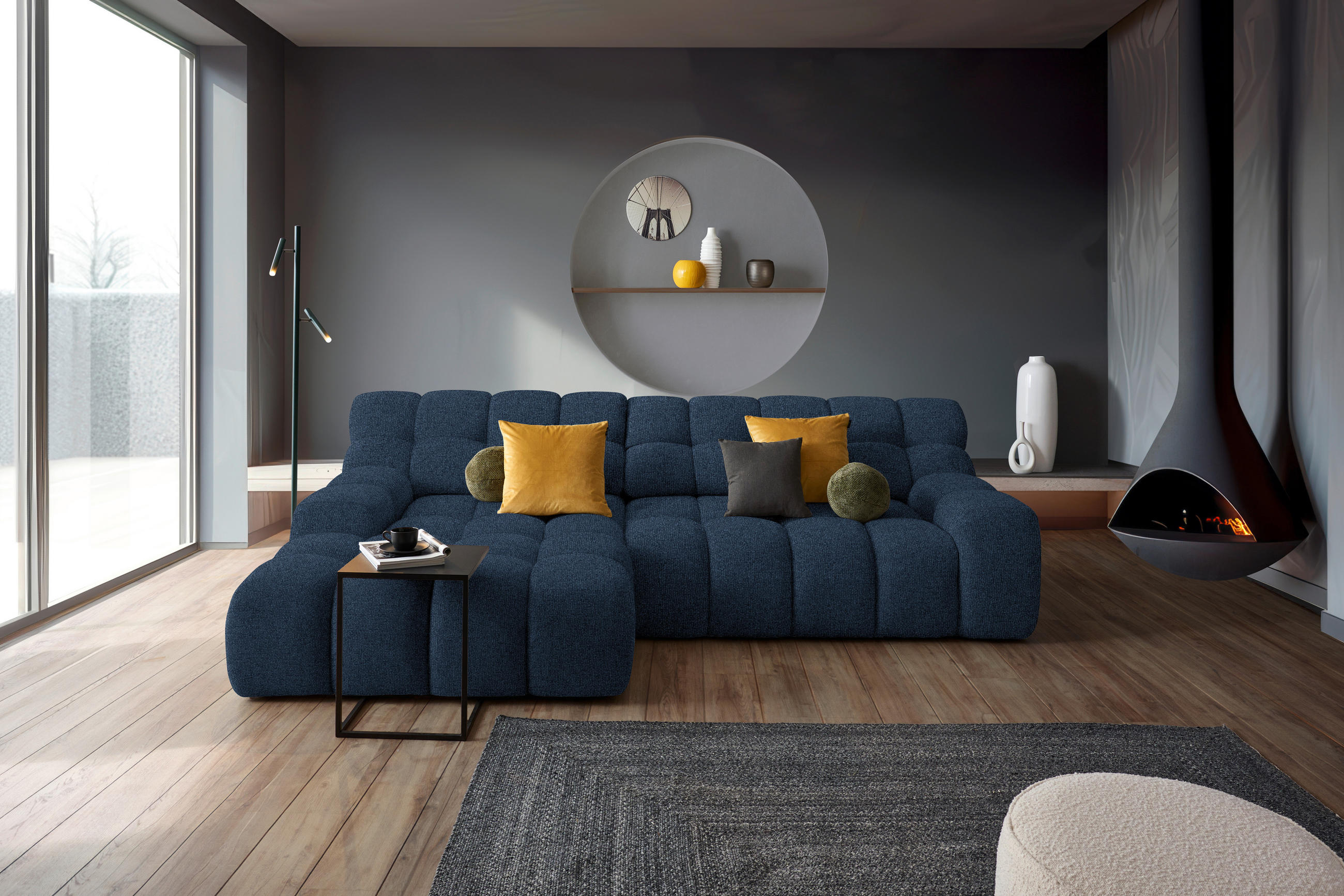 ECKSOFA in Webstoff Dunkelblau  - Schwarz/Dunkelblau, Modern, Kunststoff/Textil (180/297cm) - Welnova