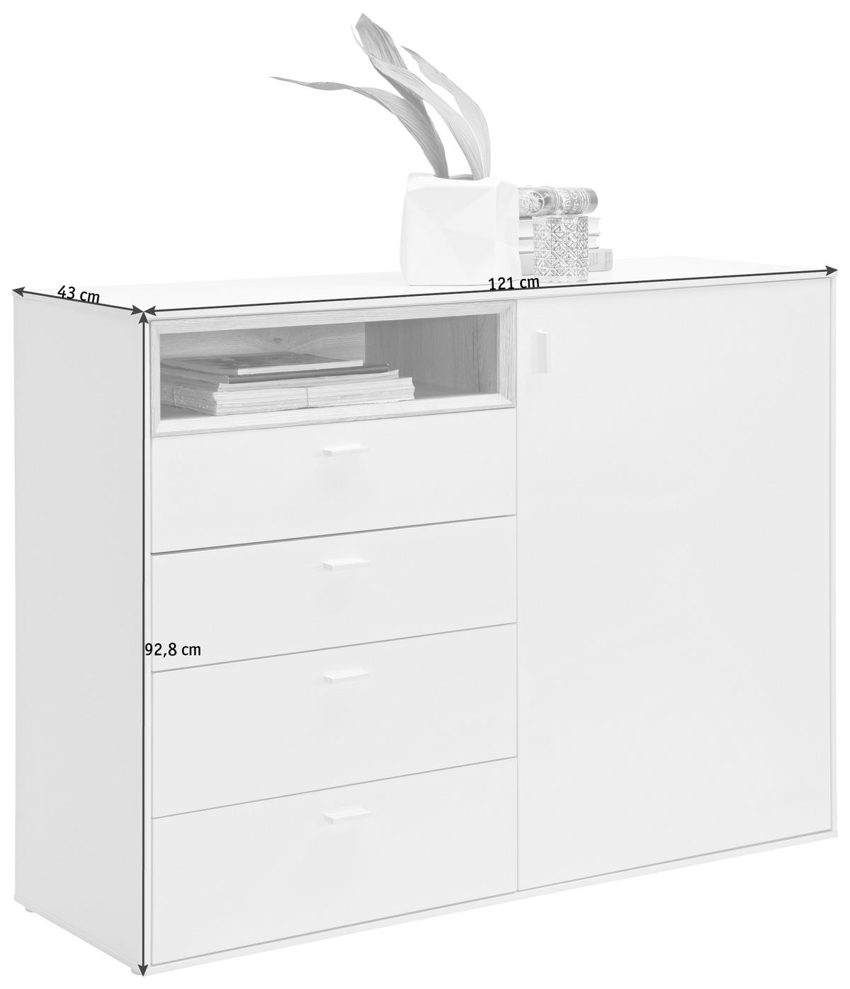 KOMODA, bílá, barvy dubu, 121/92,8/43 cm - bílá/barvy stříbra, Design, kompozitní dřevo/plast (121/92,8/43cm) - Hom`in