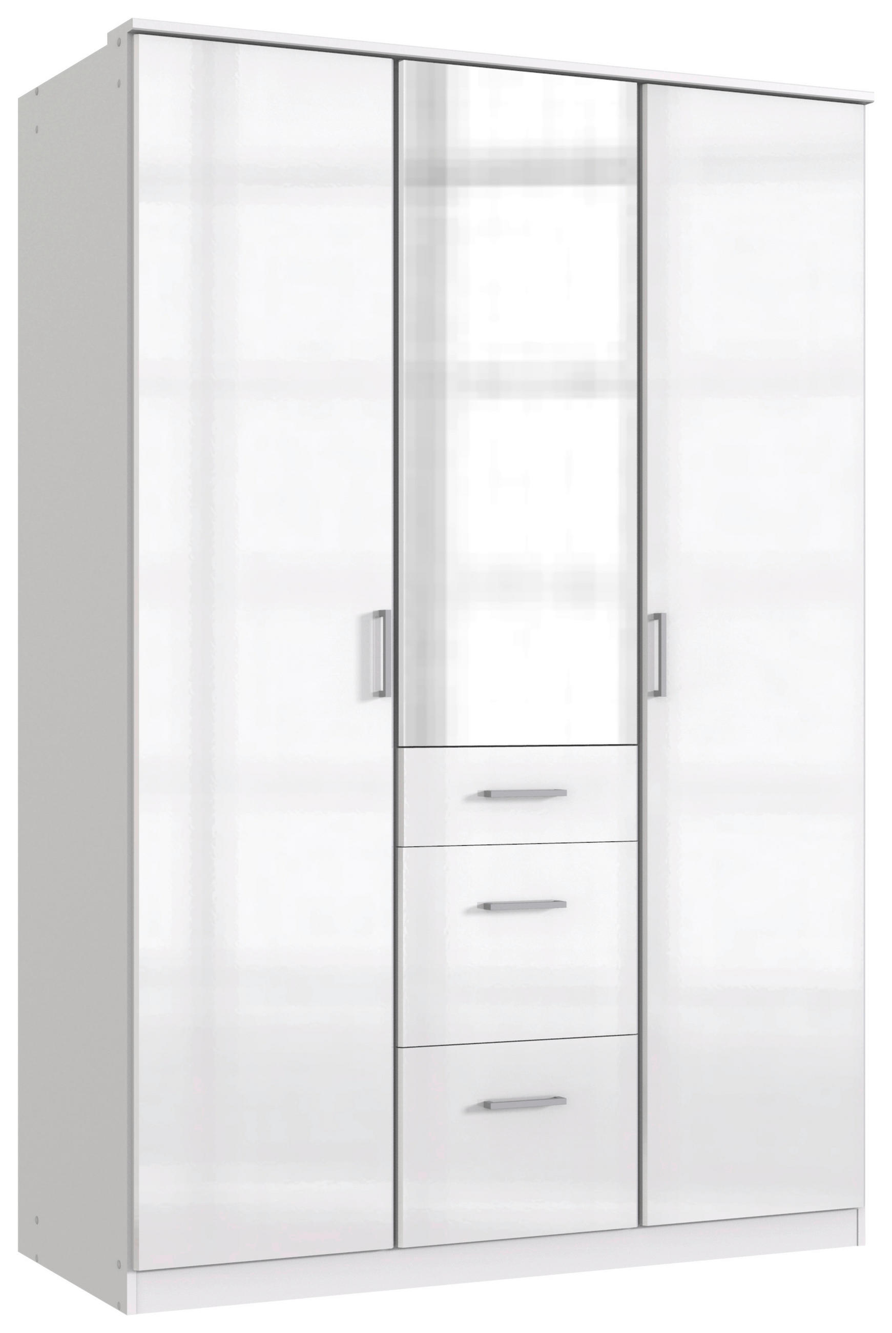 KLEIDERSCHRANK 135/199/58 cm,  in Weiß Hochglanz, Weiß, Silberfarben, 3-türig  - Chromfarben/Weiß Hochglanz, Basics, Holzwerkstoff (135/199/58cm) - MID.YOU