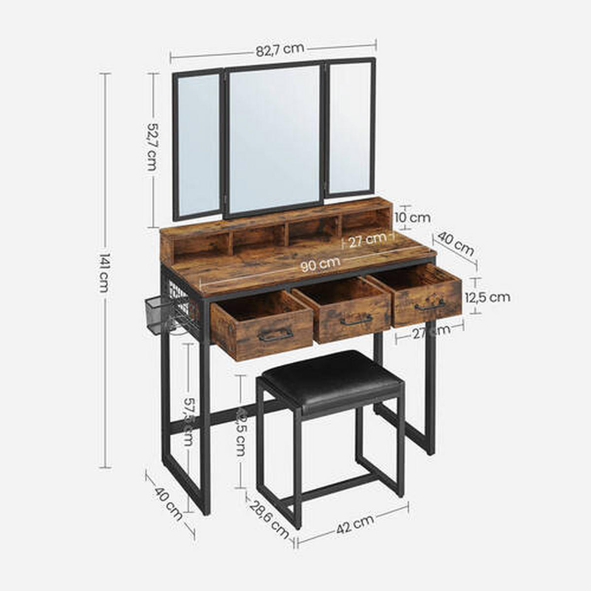 SCHMINKTISCH in Braun, Schwarz  - Schwarz/Braun, Trend, Glas/Holzwerkstoff (90/40/141cm) - Boxxx