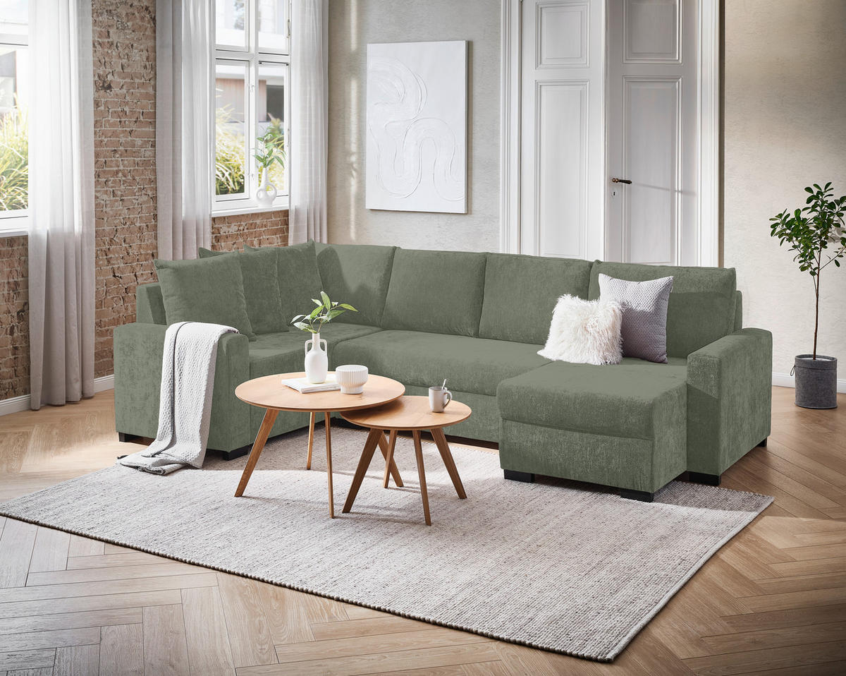 WOHNLANDSCHAFT Mintgrün Chenille  - Schwarz/Mintgrün, KONVENTIONELL, Kunststoff/Textil (183/311/140cm) - Ti'me