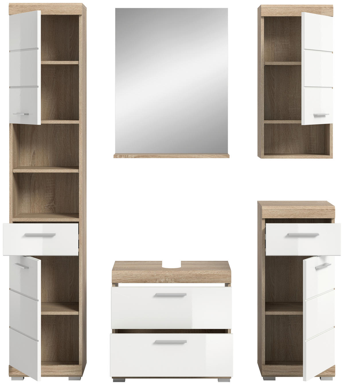 BADEZIMMER 5-teilig  in 134 cm  - Weiß Hochglanz/Silberfarben, MODERN, Glas/Holzwerkstoff (134cm) - MID.YOU