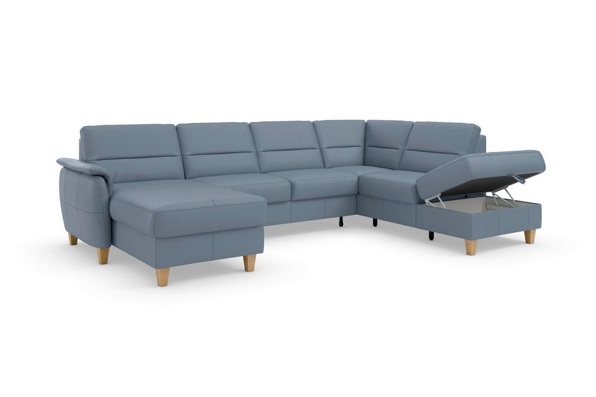WOHNLANDSCHAFT PALMERA E Graublau Echtleder  - Graublau/Eichefarben, Basics, Leder/Holz (163/308/212cm) - Sit & More