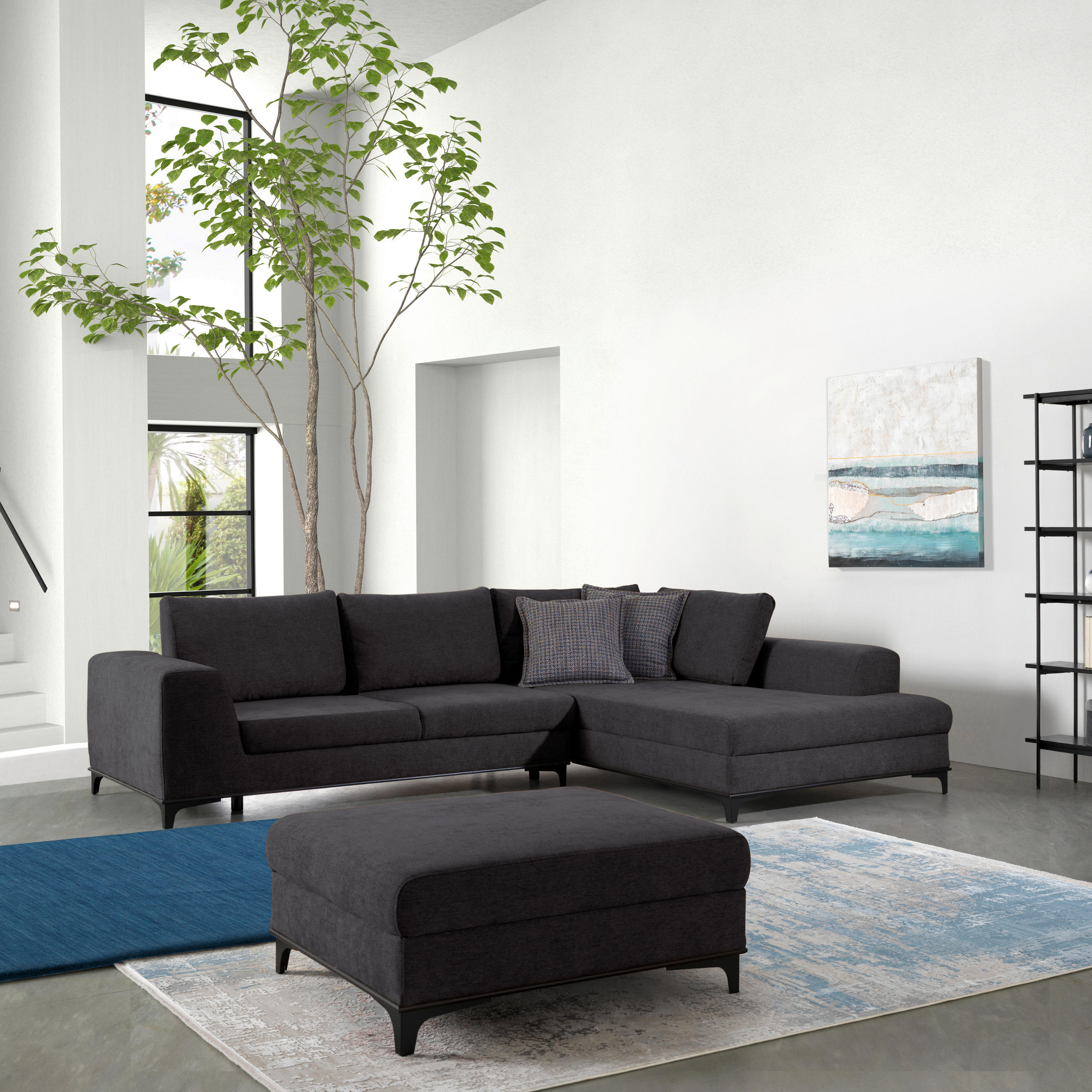 ECKSOFA Schieferfarben Webstoff  - Schieferfarben/Schwarz, Design, Metall (314/211cm) - Stylife