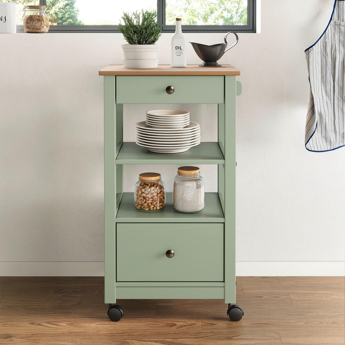 SERVIERWAGEN Pinie massiv Braun, Olivgrün  - Zinkfarben/Olivgrün, MODERN, Holz/Kunststoff (50/90,6/40cm) - Livetastic