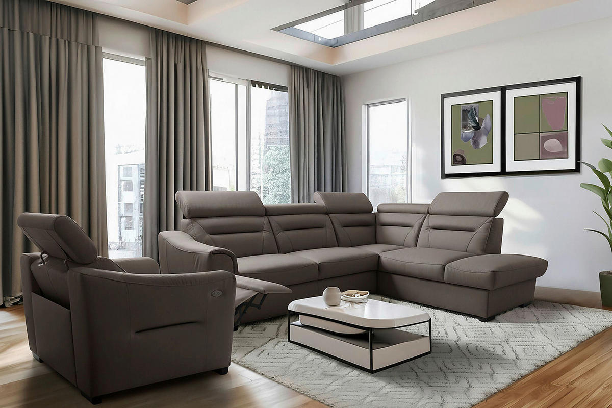 ECKSOFA Lederlook Echtleder Schlammfarben  - Wengefarben/Schlammfarben, Design, Leder/Holz (260/212cm) - Celina Home