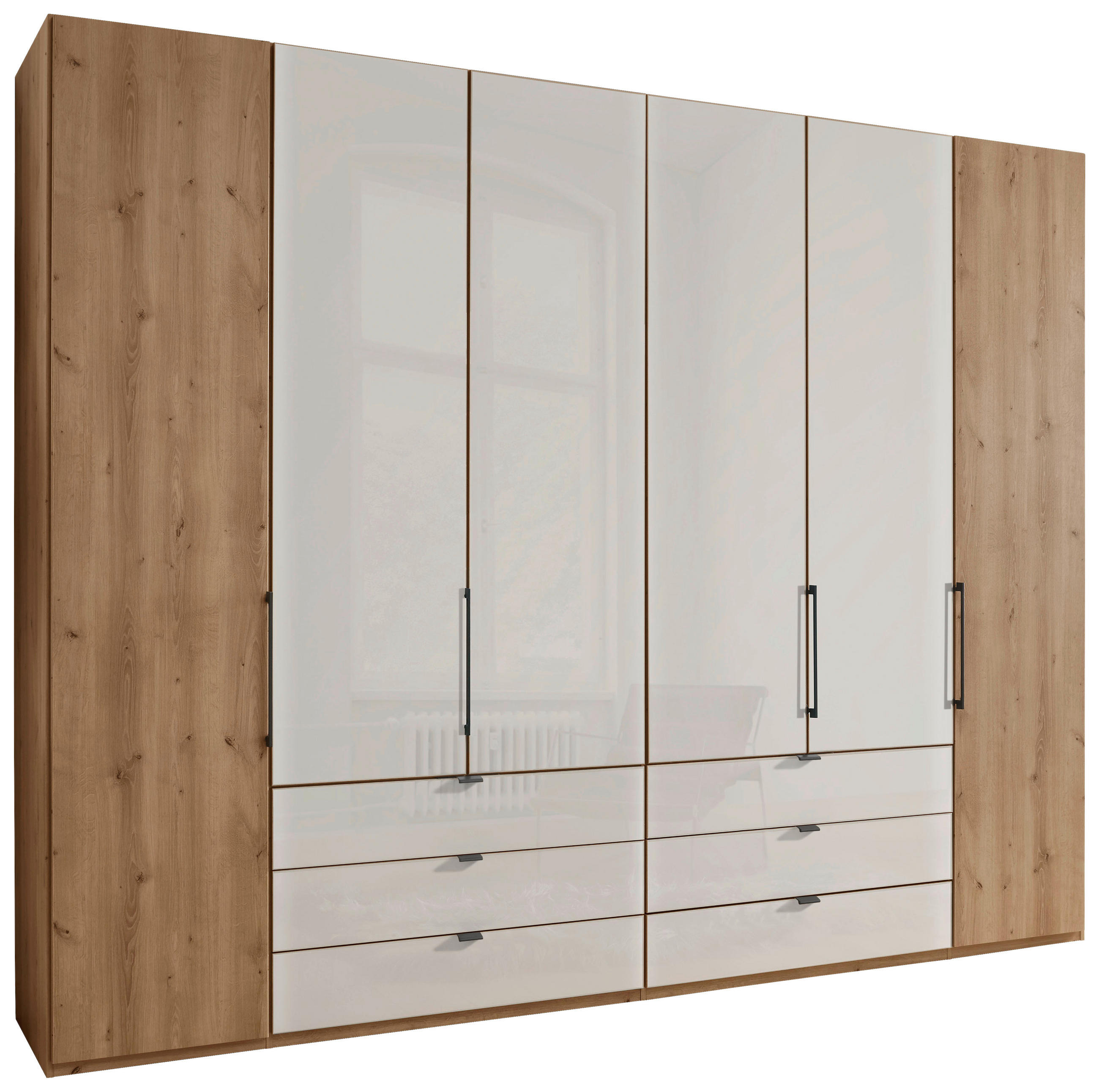 FALTTÜRENSCHRANK 300/236/58 cm 4-türig Champagner, Eiche Bianco  - Schieferfarben/Eiche Bianco, KONVENTIONELL, Glas/Holzwerkstoff (300/236/58cm) - Dieter Knoll
