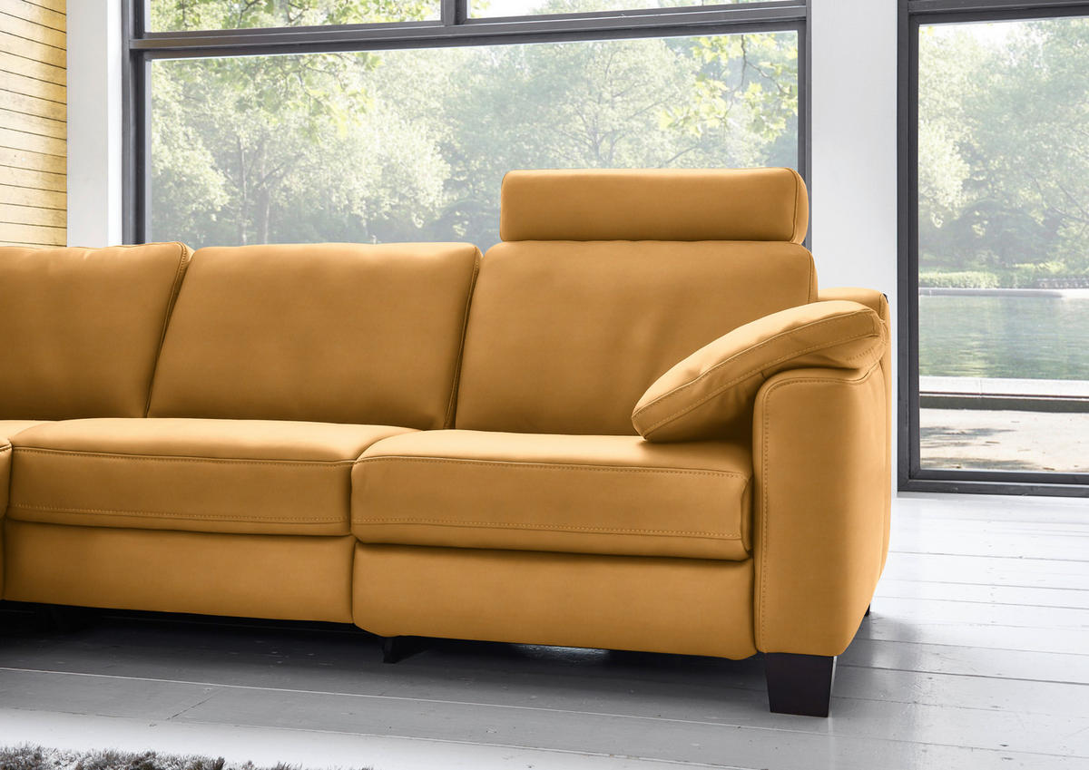 ECKSOFA in Echtleder Currygelb  235/259 cm  - Currygelb/Eichefarben, Design, Leder/Holz (235/259cm) - Valdera