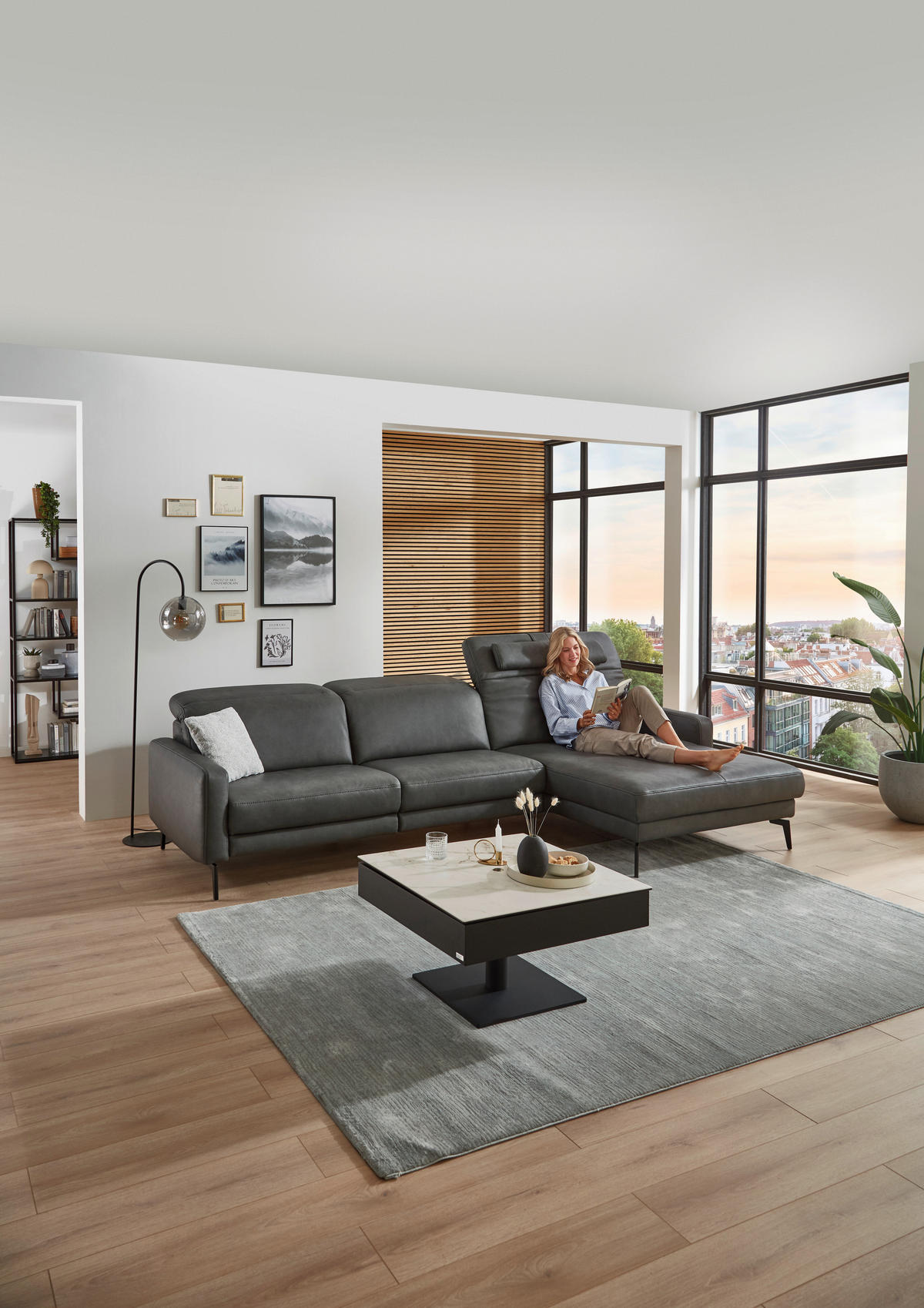 ECKSOFA  in Echtleder Anthrazit  323/179 cm  - Anthrazit/Schwarz, Design, Leder/Metall (323/179cm) - Dieter Knoll