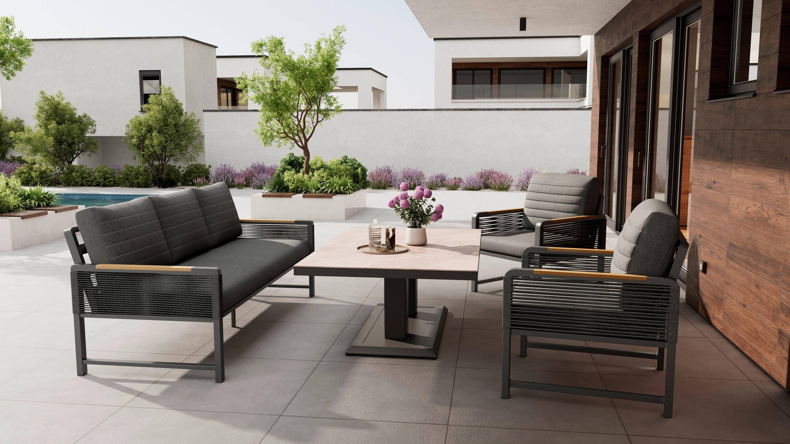 CANAPEA LOUNGE  - gri închis/culoare natur, Modern, plastic/metal (176/72/73cm) - Ambia Garden