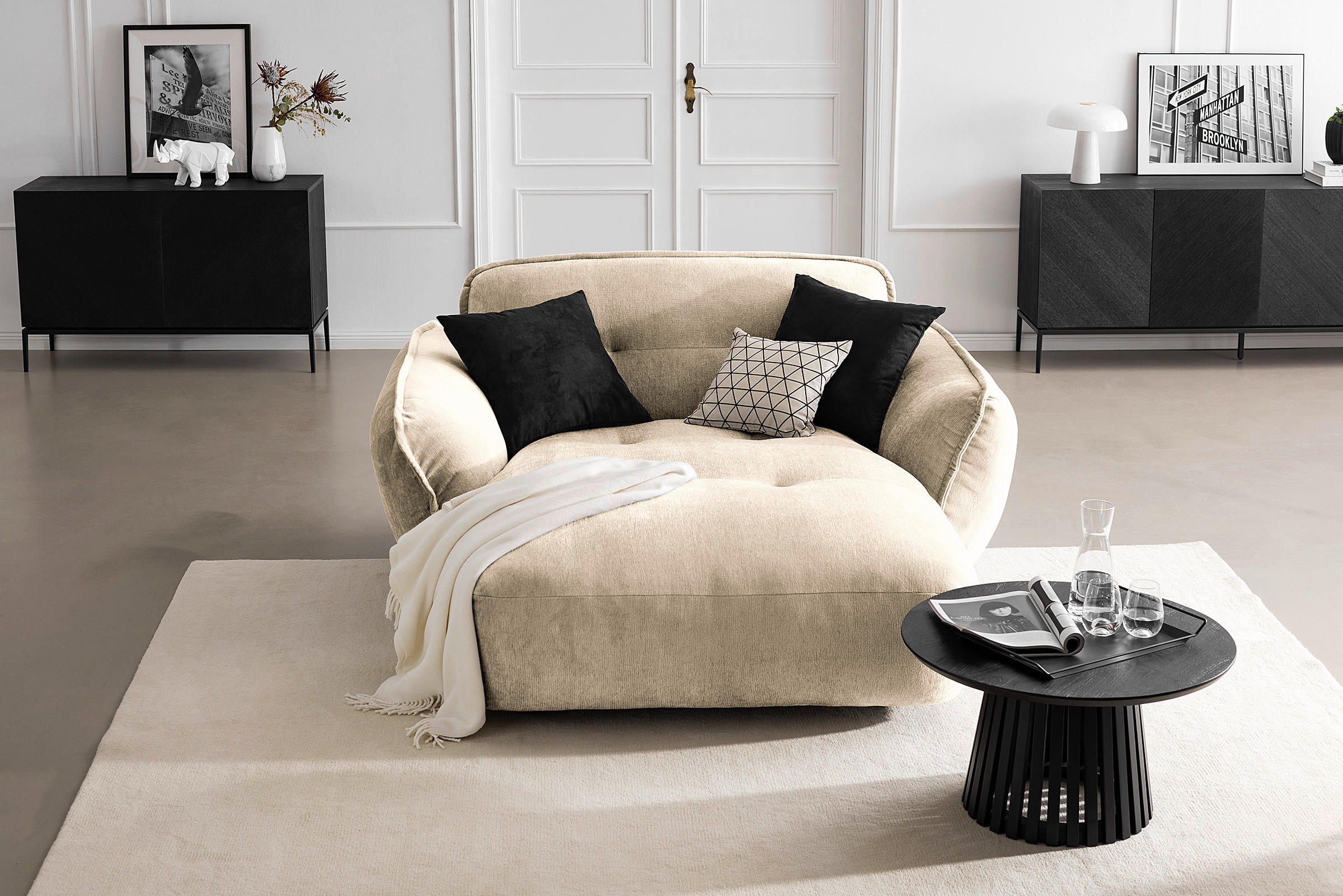 XXL-SESSEL Chenille Creme    - Creme/Schwarz, MODERN, Kunststoff/Textil (182/87/184cm) - Trendmanufaktur