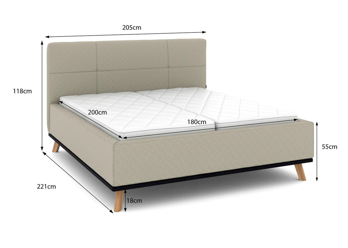 POLSTERBETT 180/200 cm,  in Hellgrau, Matratze, Lattenrost, Bettkasten, H2 + H2 = mittel  - Eichefarben/Hellgrau, Design, Holz/Textil (180/200cm) - Musterring