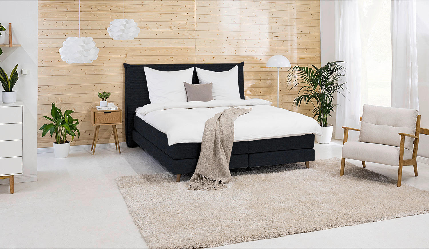 Thumbnail - home24 Boxspringbett, Schwarz, Textil, H2, 7-Zonen, Höhe ca. 21 cm, 160x200 cm, gepolstertes Kopfteil, Topper durchgehen...