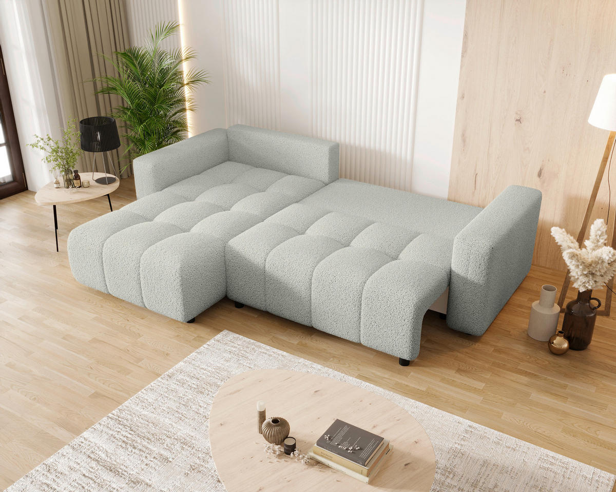 ECKSOFA Weiß Bouclé Zierkissen, Rückenkissen, Bettkasten, Schlaffunktion, Rücken echt, Liegefläche im Originalstoff  - Schwarz/Weiß, MODERN, Kunststoff/Textil (190/280cm) - Carryhome