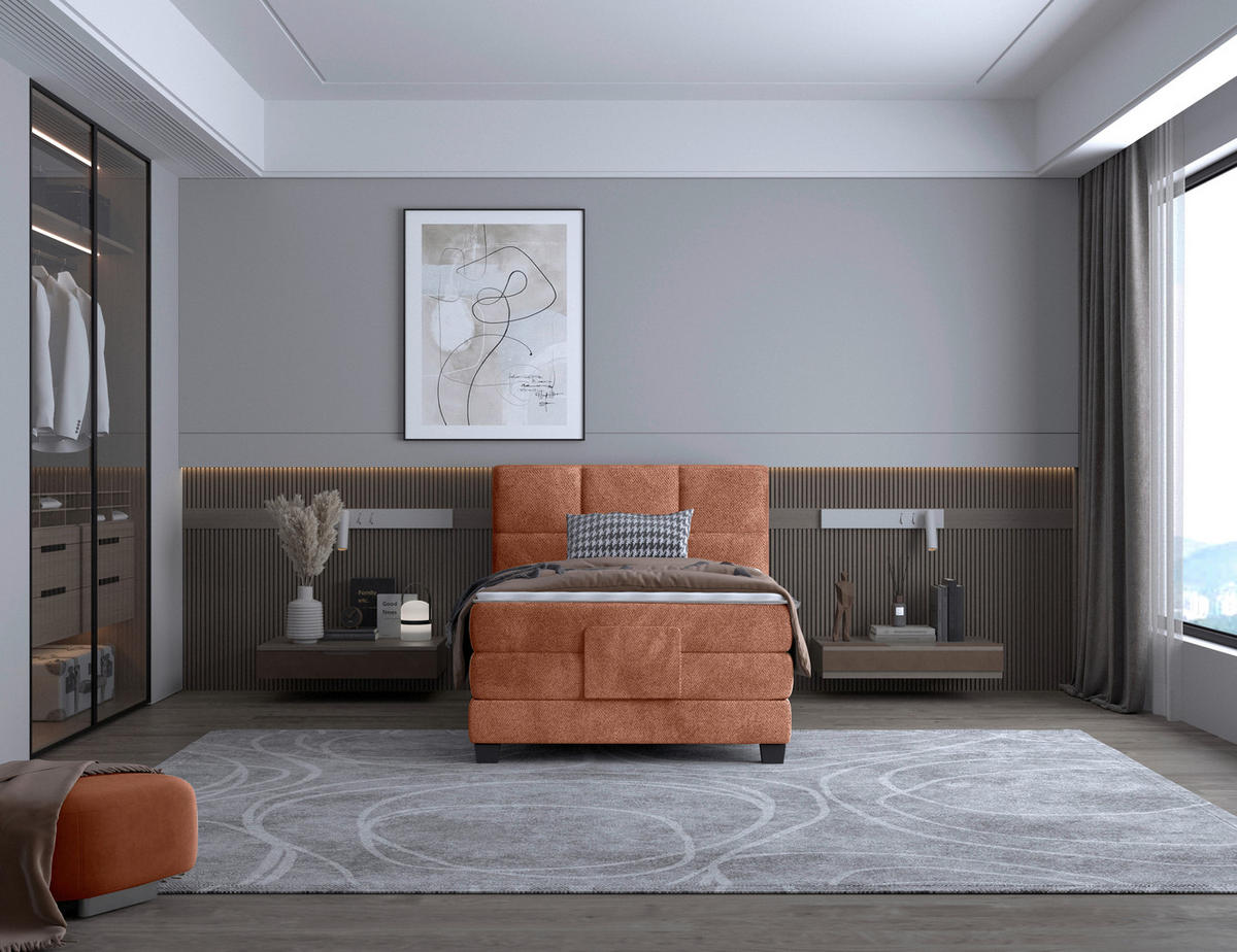 BOXSPRINGBETT 120/200 cm,  in Orange, Matratze, Topper, motorische Verstellbarkeit, Fernbedienung, H3 = fest  - Schwarz/Orange, KONVENTIONELL, Holz/Kunststoff (120/200cm) - Chameo