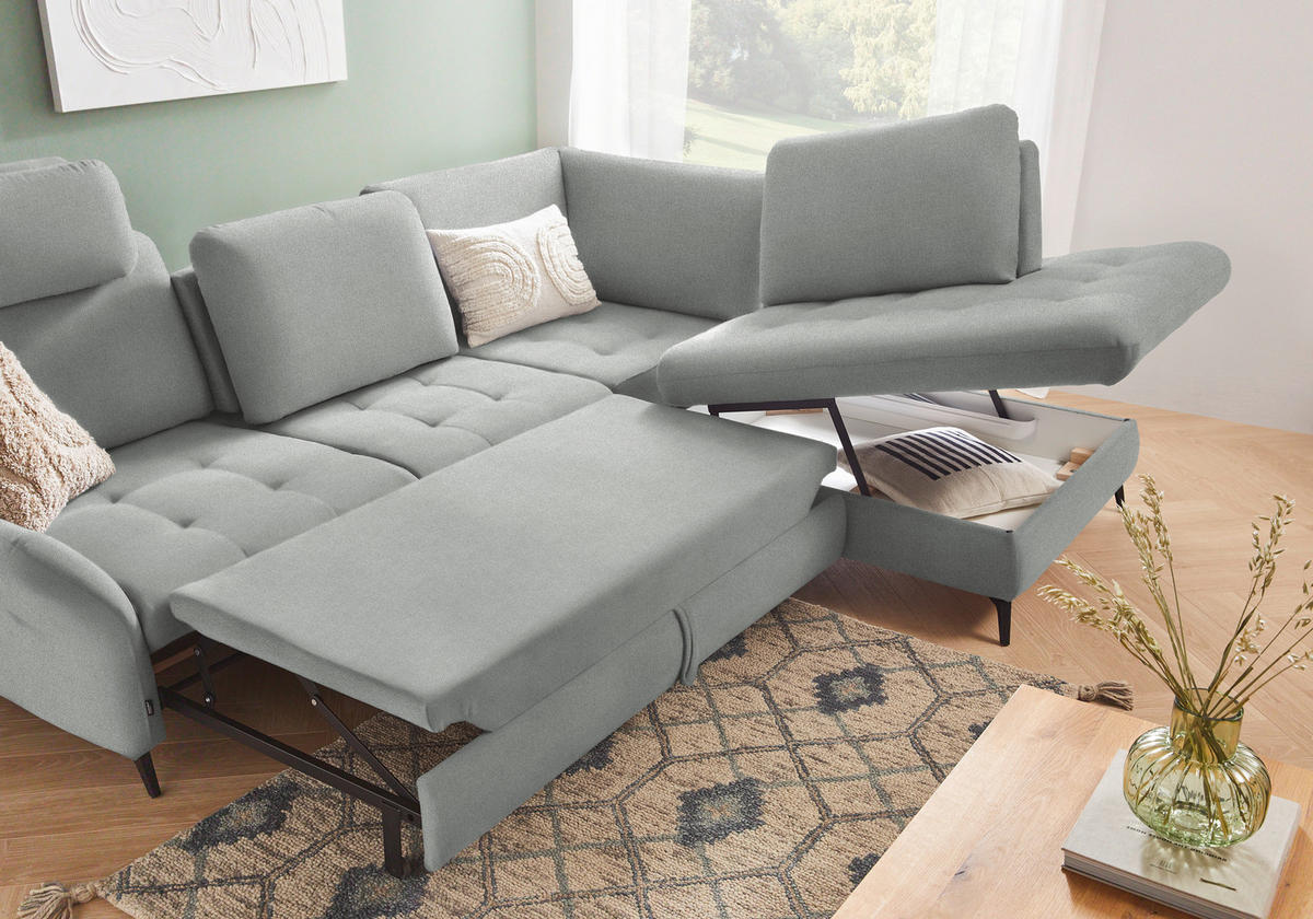 ECKSOFA in Flachgewebe Hellgrau  - Hellgrau/Schwarz, Natur, Textil/Metall (288/233cm) - Valnatura