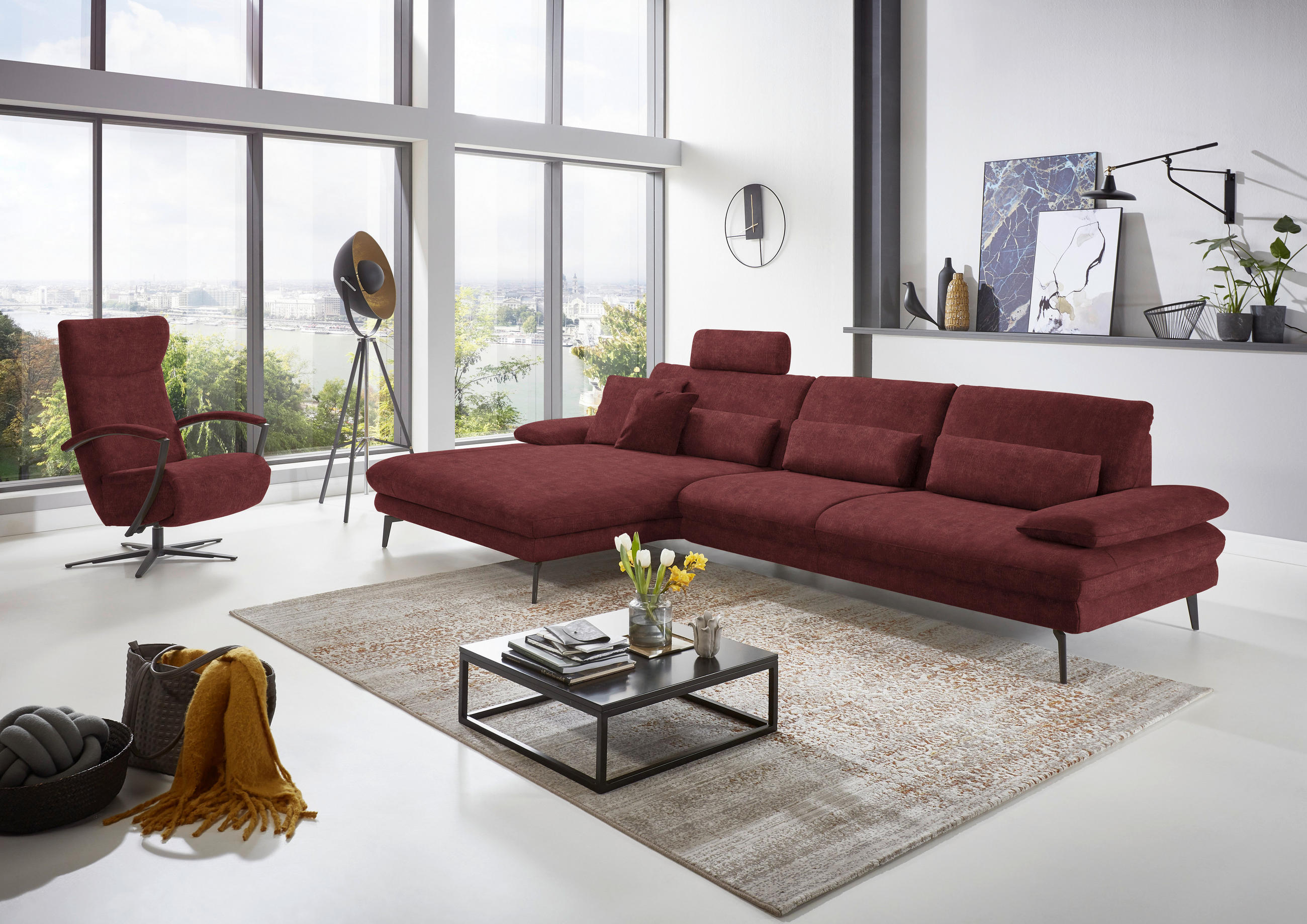 ECKSOFA in Velours Weinrot  - Weinrot/Schwarz, Design, Textil/Metall (180/310cm) - Dieter Knoll
