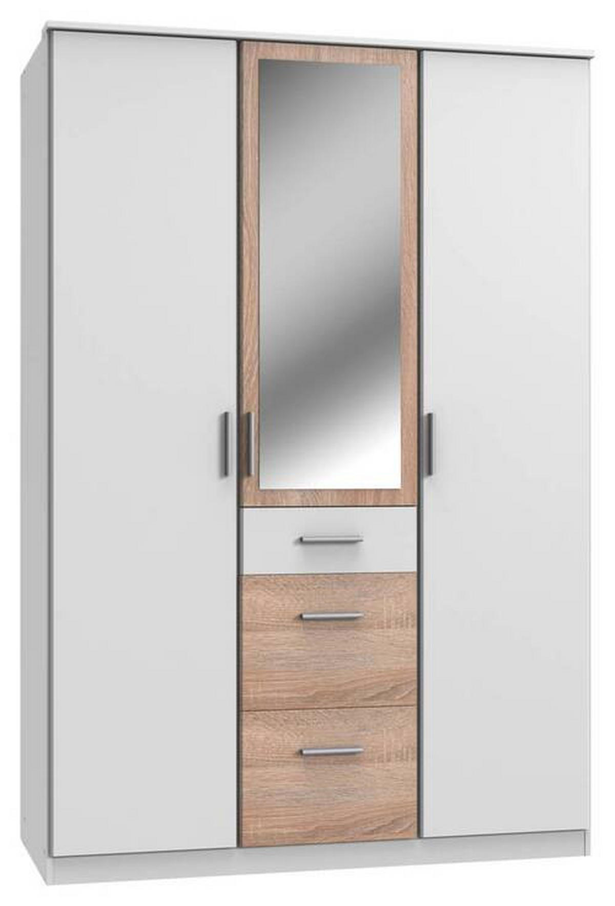KLEIDERSCHRANK 3-türig Weiß, Eichefarben  - Eichefarben/Alufarben, KONVENTIONELL, Glas/Holzwerkstoff (135/199/58cm) - Boxxx