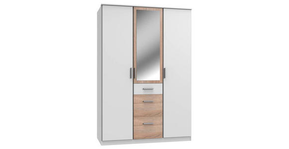 KLEIDERSCHRANK 3-türig Weiß, Eichefarben - Eichefarben/Alufarben, KONVENTIONELL, Glas/Holzwerkstoff (135/199/58cm) - Carryhome