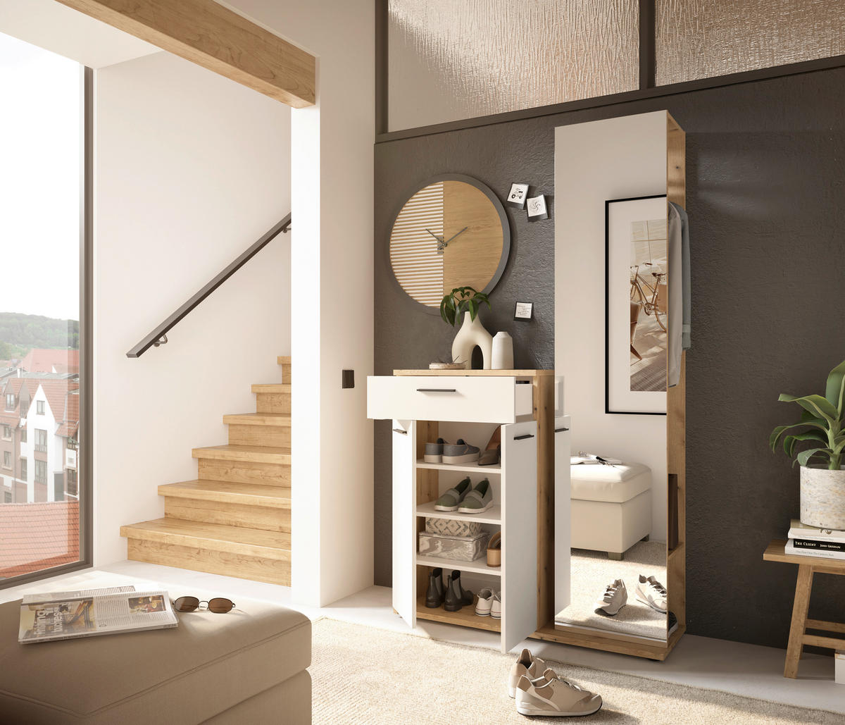 GARDEROBE  in 105/188/38 cm  - Eichefarben/Creme, Basics, Glas/Holzwerkstoff (105/188/38cm) - Xora