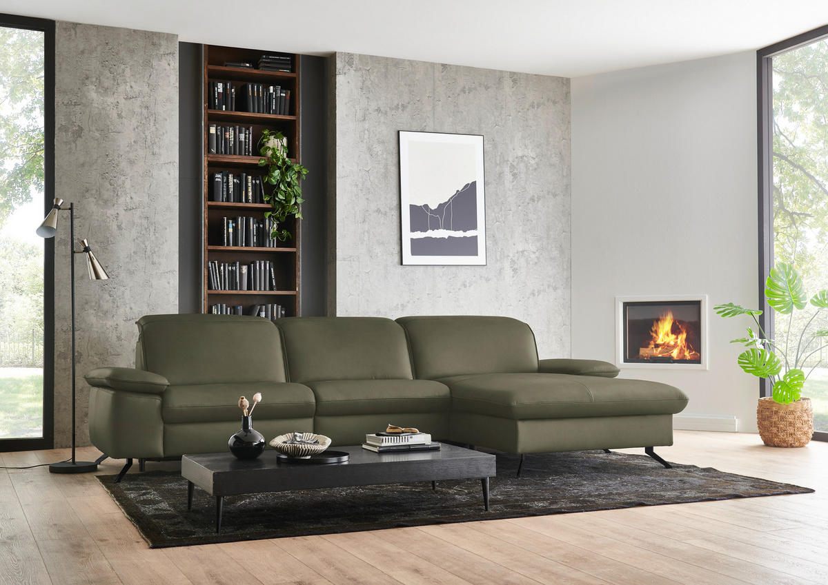 ECKSOFA  Echtleder Graugrün  - Schwarz/Graugrün, Design, Leder/Metall (307/169cm) - Beldomo Premium