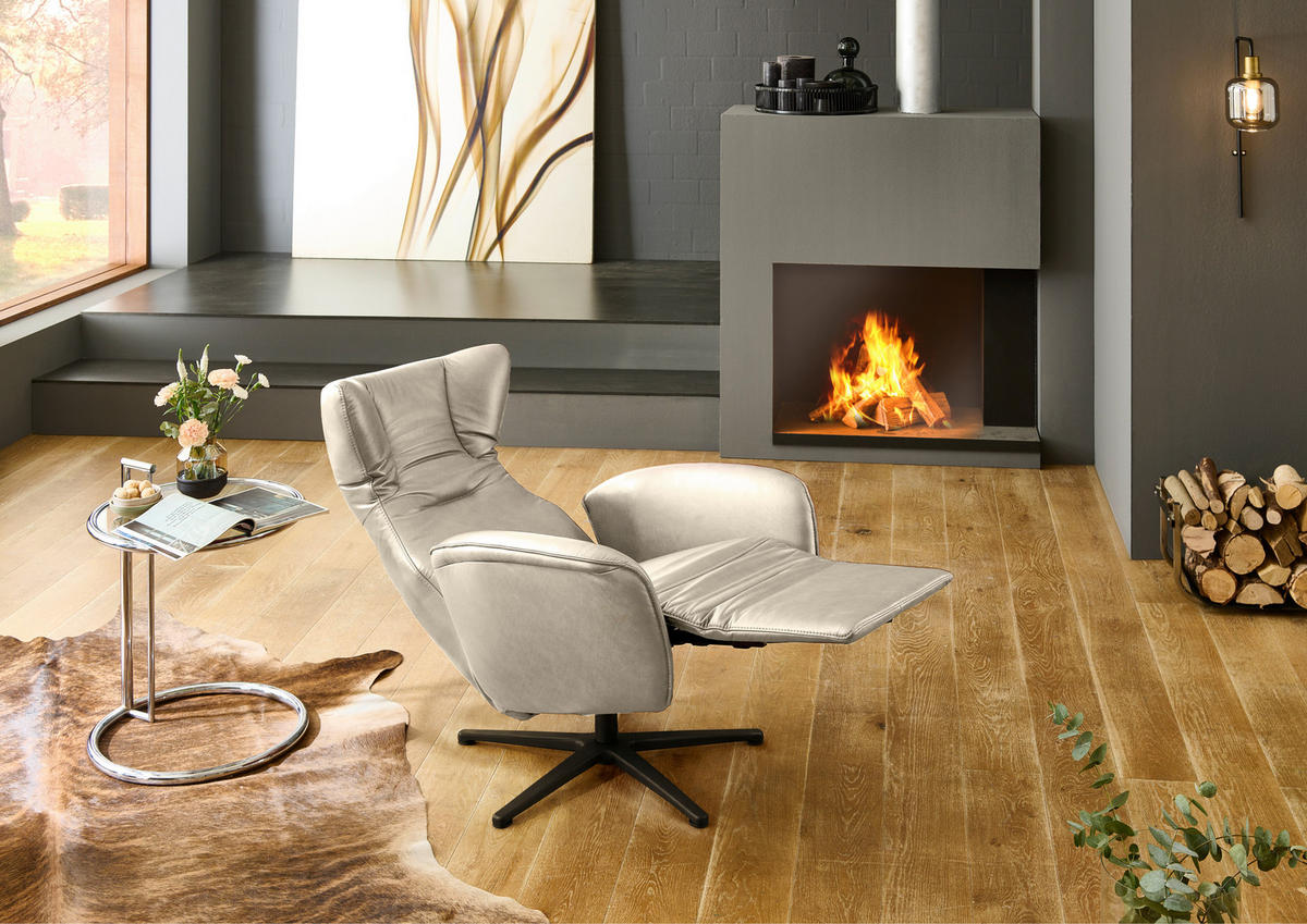 RELAXSESSEL Leder Ecru  - Ecru/Schwarz, Design, Leder/Metall (75/106/86cm) - Valdera