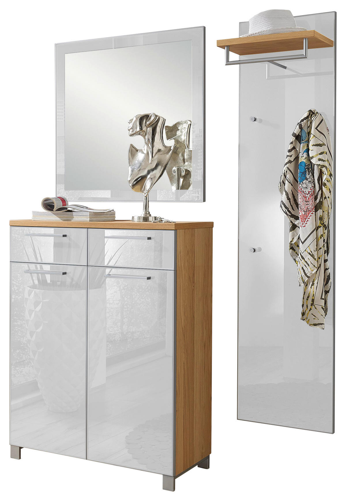 GARDEROBE 3-teilig  in 135/195/37 cm  - Weiss/Eichefarben, Design, Glas/Holz (135/195/37cm)