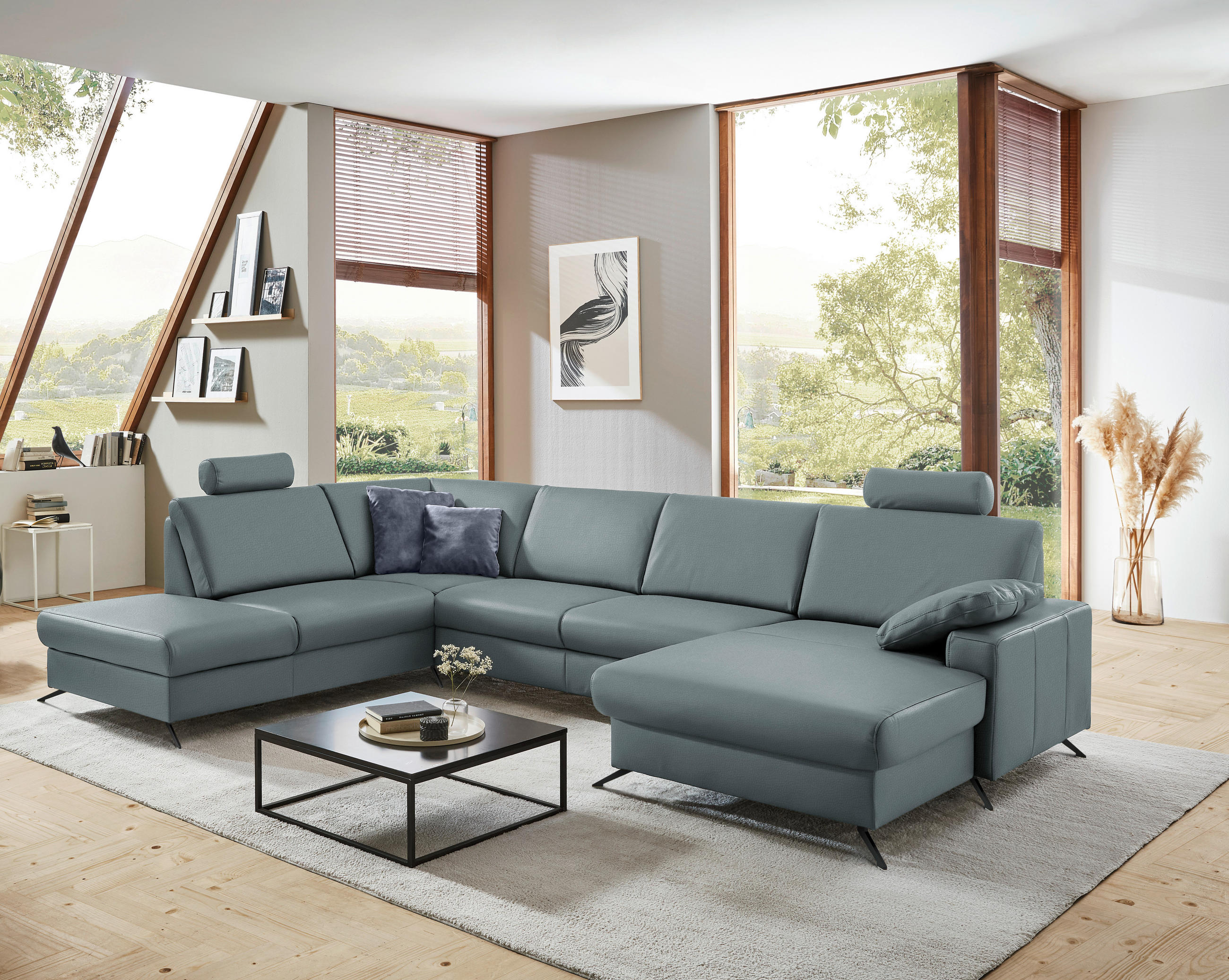 WOHNLANDSCHAFT in Echtleder Blaugrau  - Blaugrau/Schwarz, Design, Leder/Metall (233/339/165cm) - Beldomo Premium