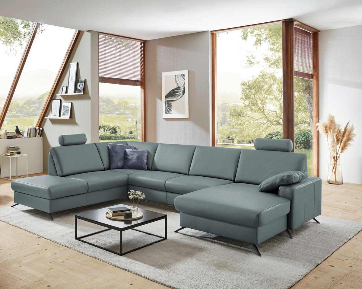 WOHNLANDSCHAFT in Echtleder Blaugrau  - Blaugrau/Schwarz, Design, Leder/Metall (233/339/165cm) - Beldomo Premium