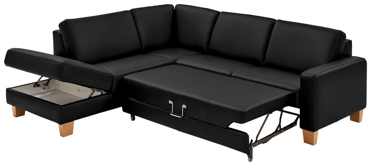 ECKSOFA in Echtleder Schwarz  - Eiche Bianco/Schwarz, Natur, Leder/Holz (235/257cm) - Valdera