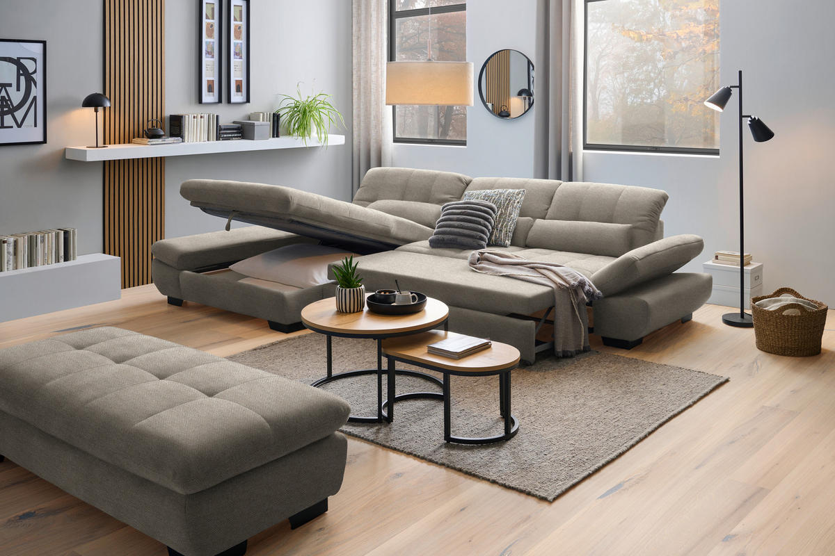 ECKSOFA  in Flachgewebe Greige  204/341 cm  - Greige/Schwarz, Design, Textil/Metall (204/341cm) - Xora