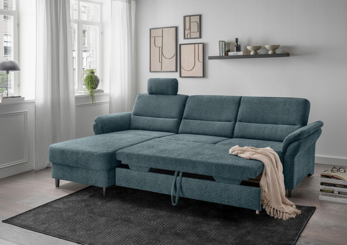 ECKSOFA Blau Mikrofaser  - Blau/Schwarz, MODERN, Holz/Textil (176/279cm) - Livetastic