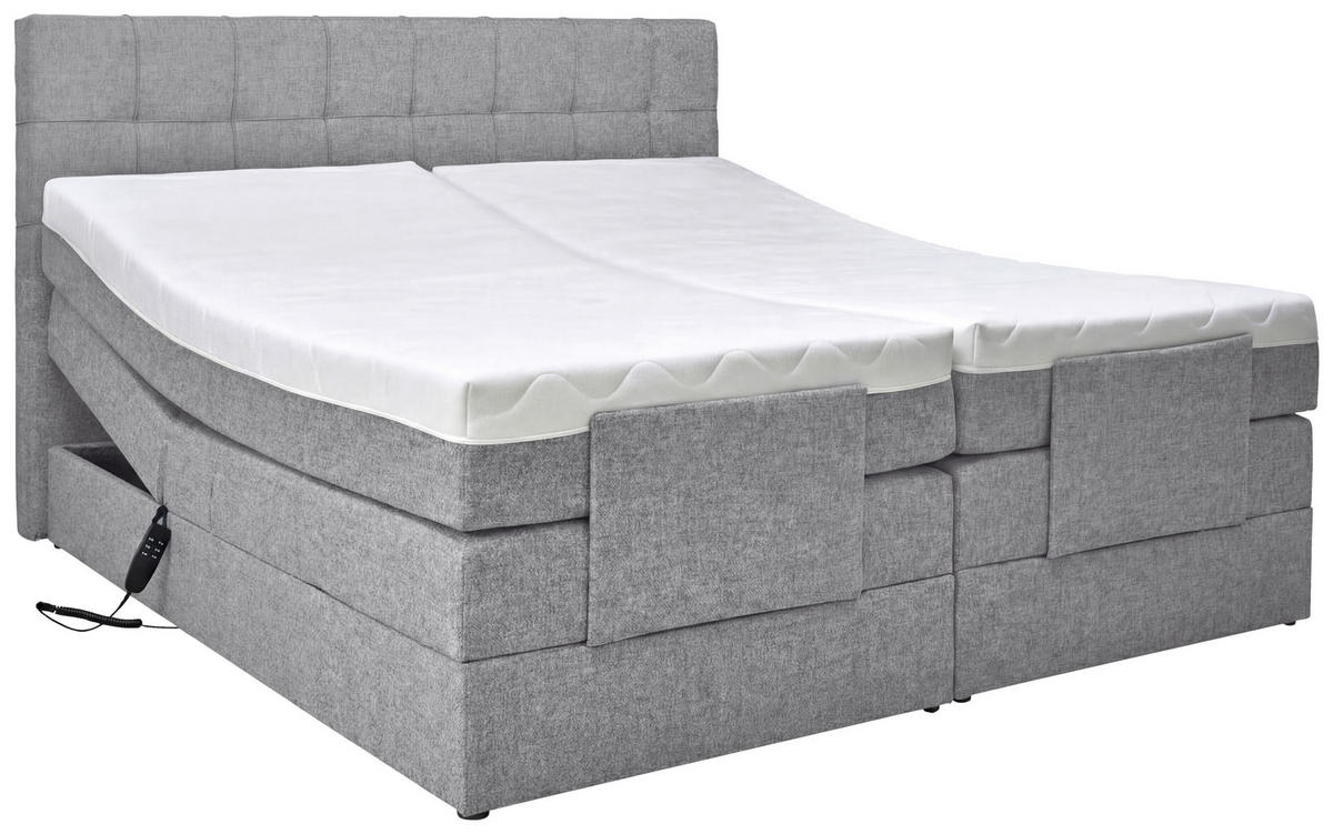 BOXSPRINGBETT 160/200 cm,  in Hellgrau, gepolstertes Kopfteil, Topper, motorische Verstellbarkeit, Fernbedienung, Matratzen, H3 = fest  - Hellgrau/Schwarz, KONVENTIONELL, Kunststoff/Textil (160/200cm) - Moderano