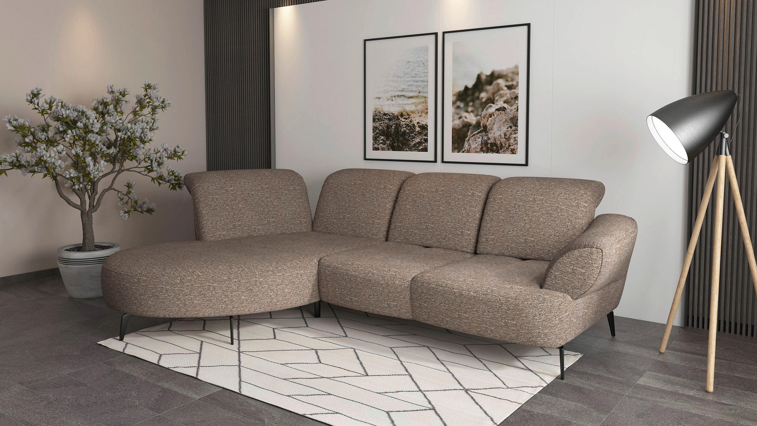 ECKSOFA in Chenille Cappuccino  - Schwarz/Cappuccino, Modern, Textil/Metall (208/313cm) - Sit & More