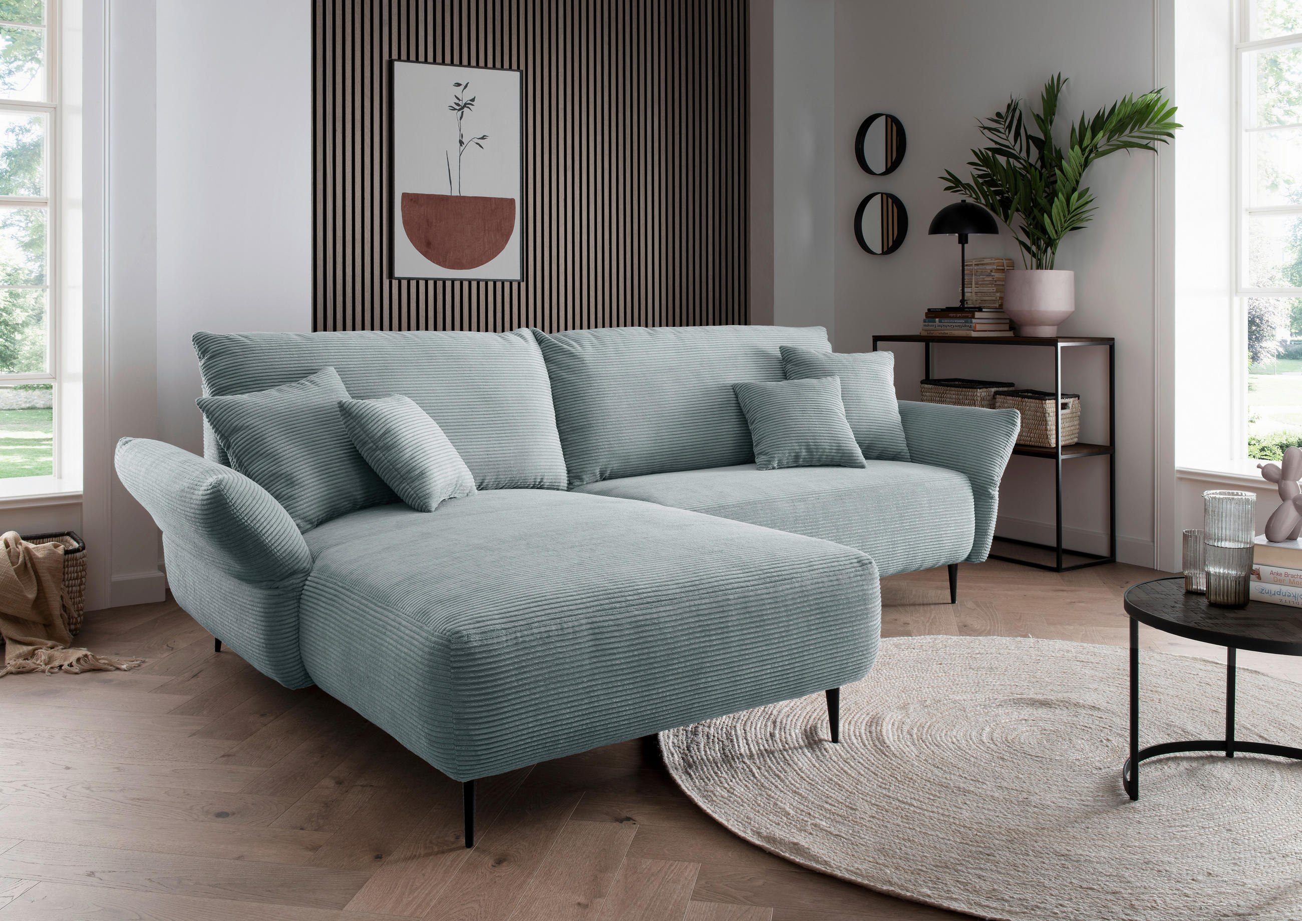 ECKSOFA Hellblau Cord  - Schwarz/Hellblau, Design, Textil/Metall (178/264-302cm) - Livetastic