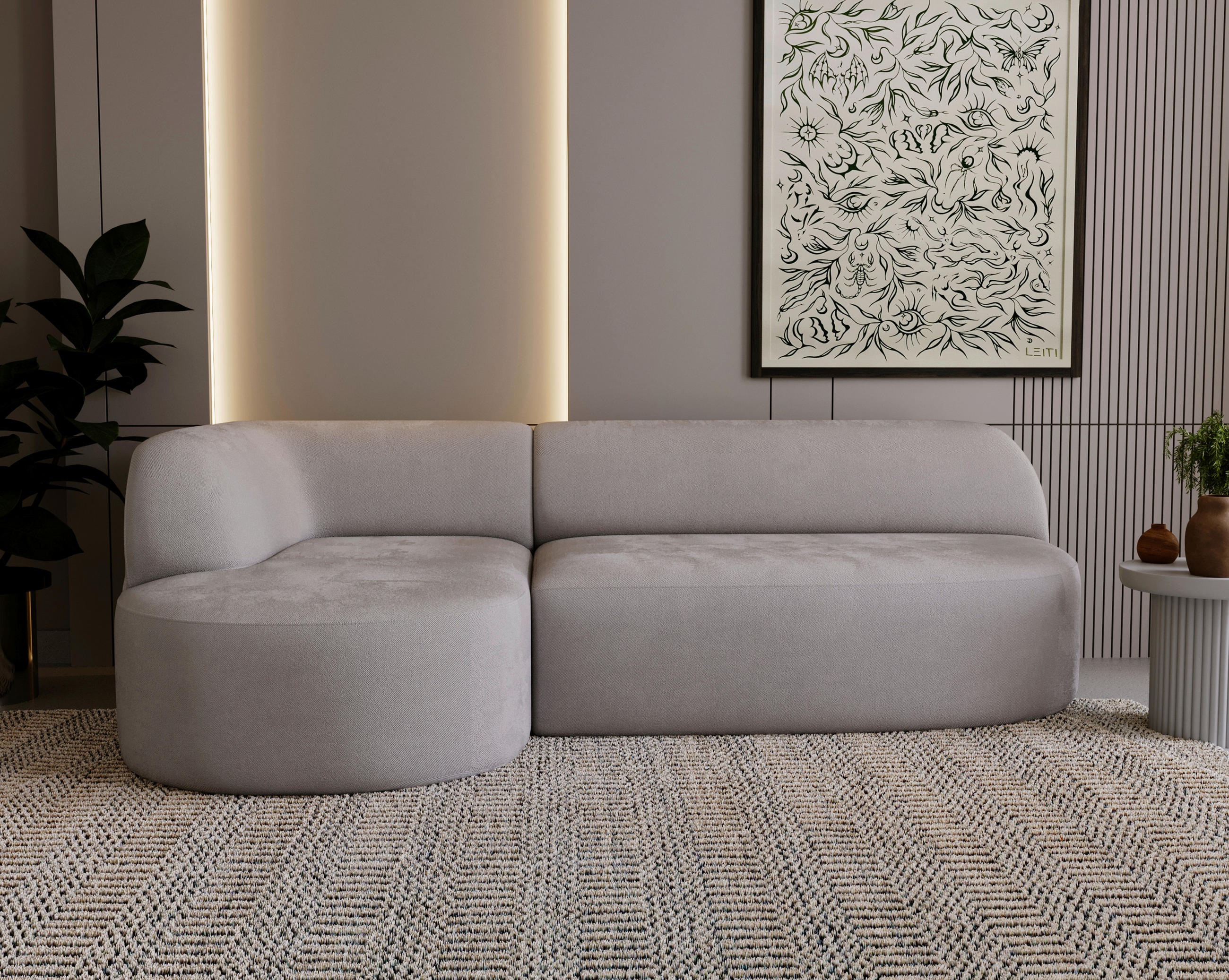 ECKSOFA Chenille Hellgrau  - Hellgrau/Schwarz, Design, Kunststoff/Textil (156/218cm) - Livetastic