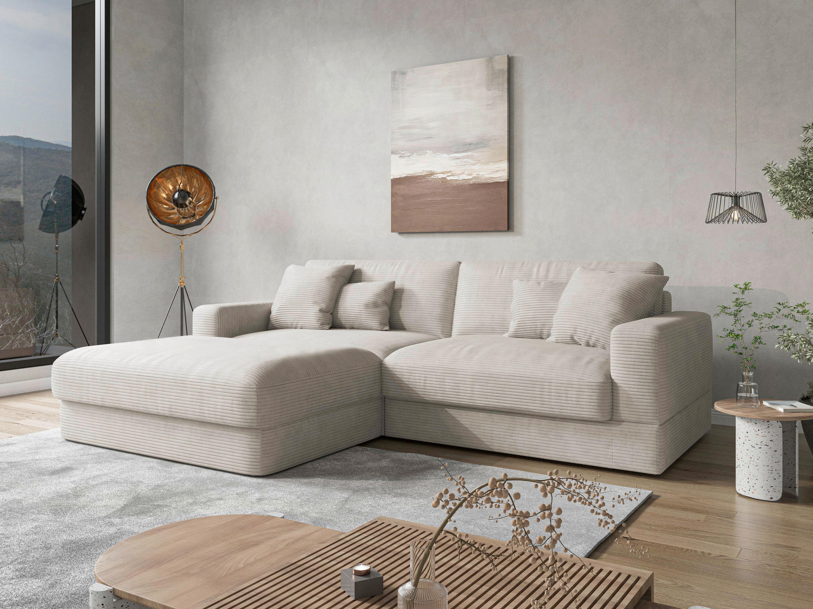 ECKSOFA FABIO E Creme Cord  - Creme/Schwarz, MODERN, Kunststoff/Textil (196/264cm) - Sit & More