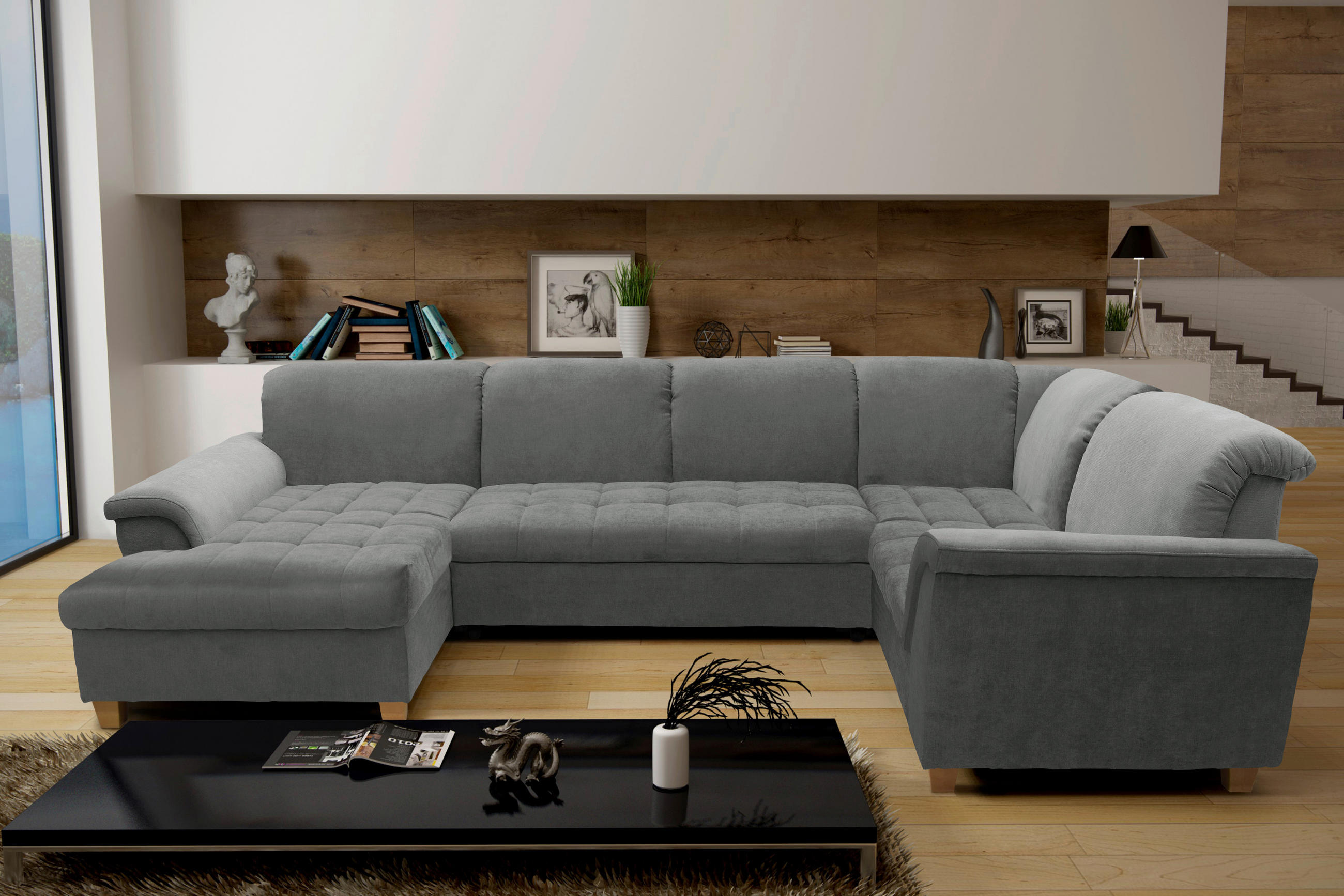WOHNLANDSCHAFT Dunkelgrau Mikrofaser - Eichefarben/Dunkelgrau, KONVENTIONELL, Holz/Textil (170/352/214cm) - MID.YOU