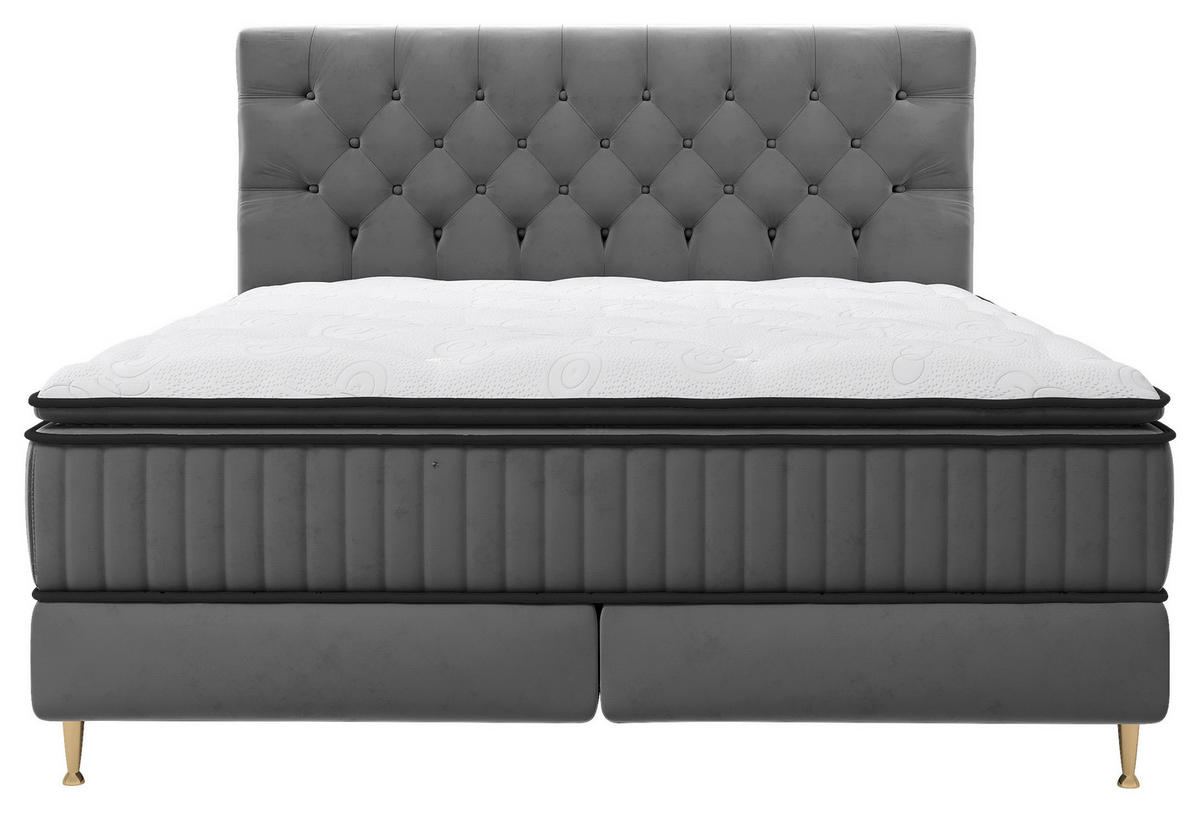 BOXSPRINGBETT 180/200 cm,  in Grau, Matratze, gepolstertes Kopfteil, Topper, H3 = fest  - Goldfarben/Grau, Design, Textil/Metall (180/200cm) - Boxxx