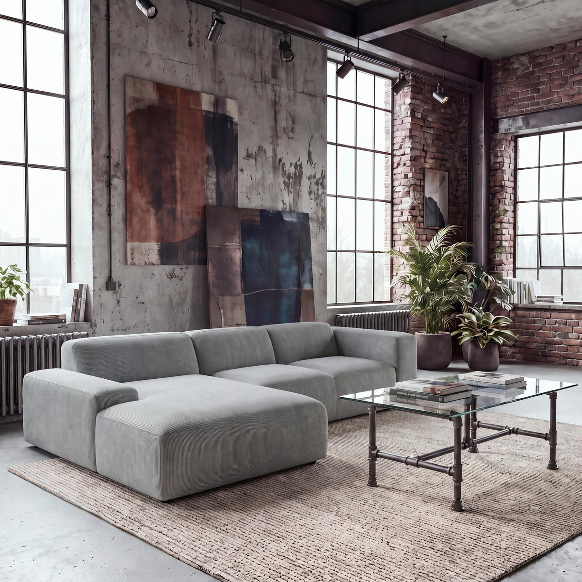 ECKSOFA HANNAH Hellgrau Cord  - Hellgrau/Schwarz, Design, Kunststoff/Textil (200/304cm) - MID.YOU