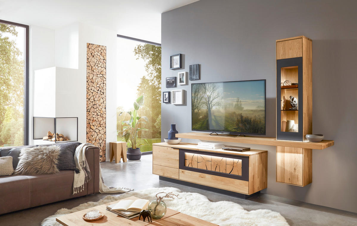 WOHNWAND  in Eichefarben  266/204/45 cm  - Eichefarben, Design, Glas/Holz (266/204/45cm) - Valdera