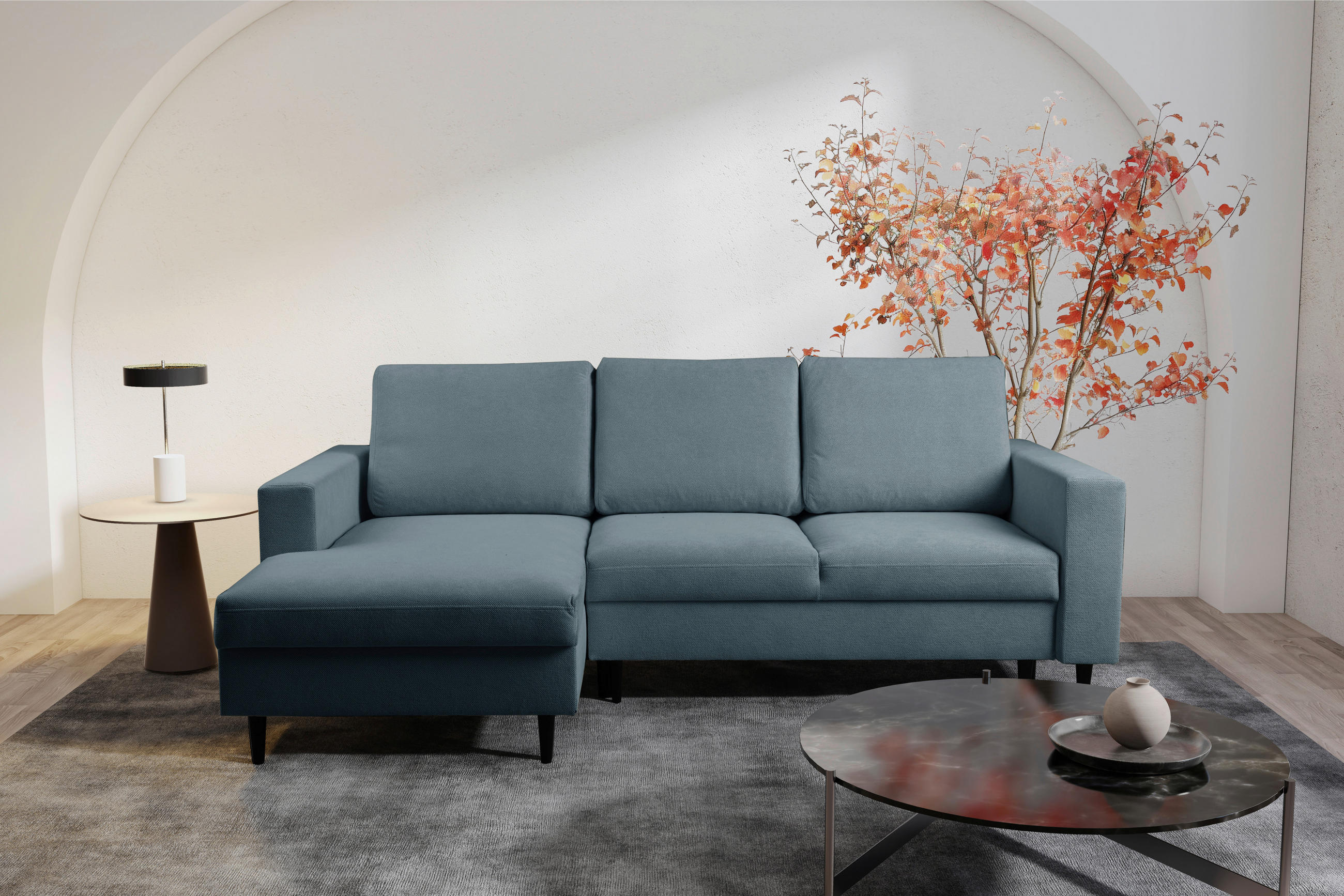 ECKSOFA in Struktur Dunkelgrau  - Dunkelgrau/Schwarz, Modern, Holz/Kunststoff (145/230cm) - MID.YOU