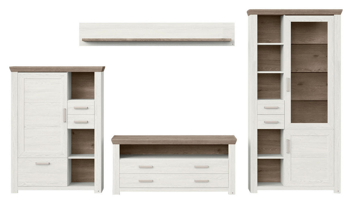 WOHNWAND  in Weiß, Eichefarben  370/206,6/51,2 cm  - Eichefarben/Weiß, Design, Glas/Holzwerkstoff (370/206,6/51,2cm) - SetOne by Musterring