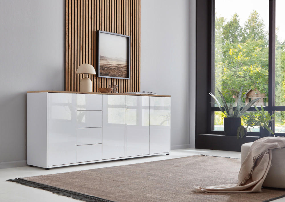 SIDEBOARD 185/73/33 cm  in Weiß, Eiche Artisan, Weiß Hochglanz  - Weiß Hochglanz/Schwarz, MODERN, Holzwerkstoff/Kunststoff (185/73/33cm) - MID.YOU
