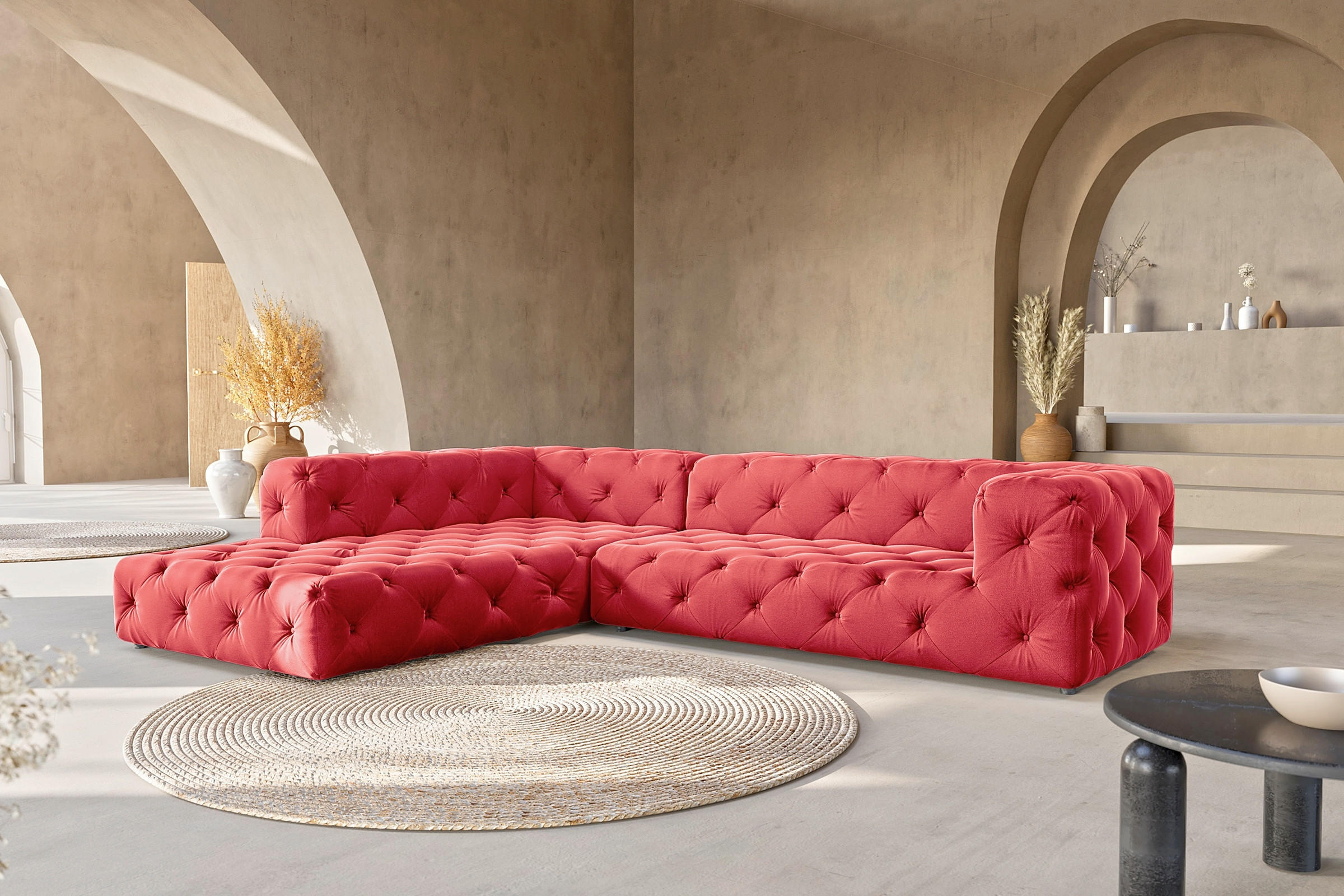 ECKSOFA Samt Rot  - Rot/Schwarz, Design, Kunststoff/Textil (228/325cm) - P & B