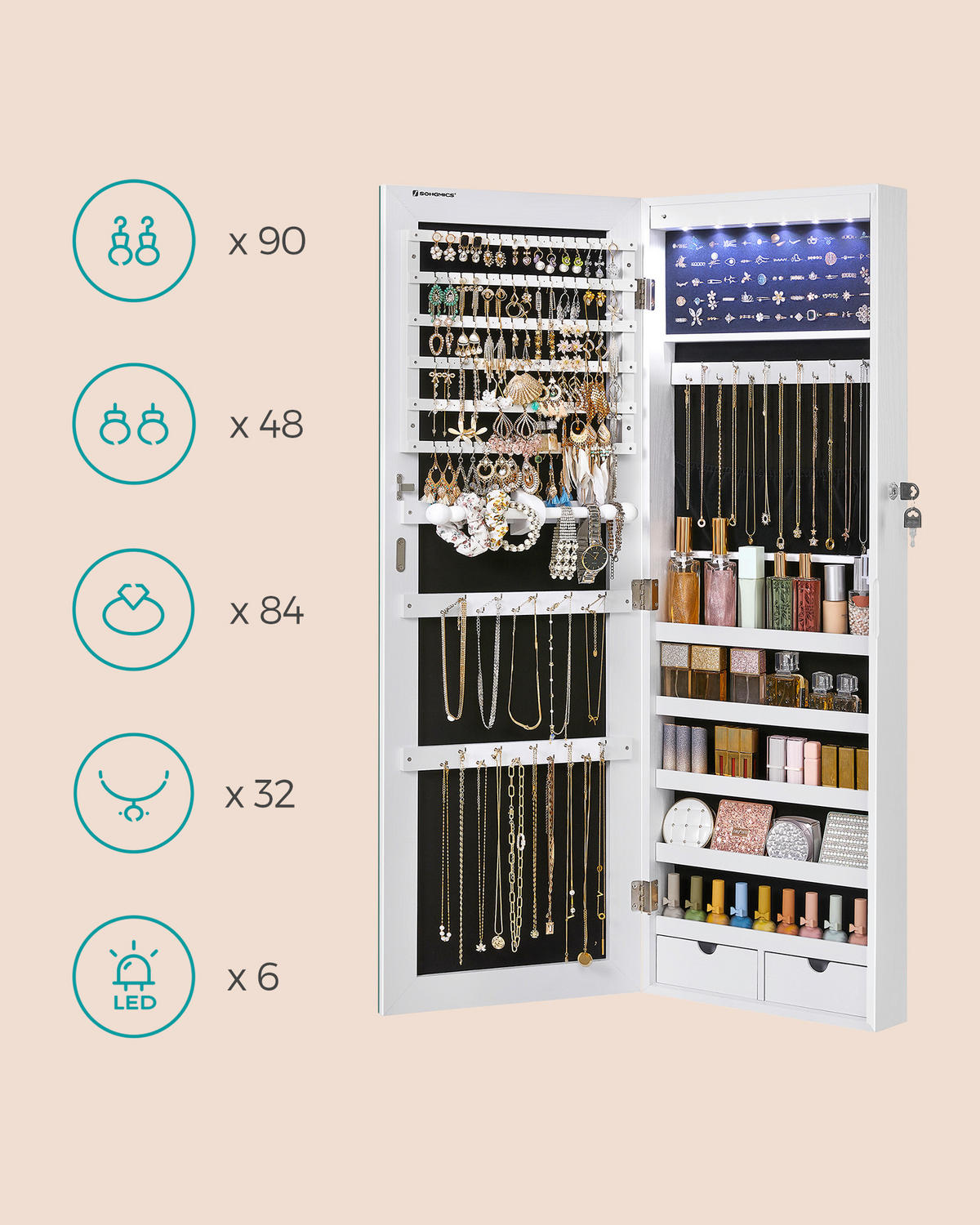 SKRINKA NA ŠPERKY - biela, Lifestyle, kompozitné drevo/textil (37/108/9,3cm)