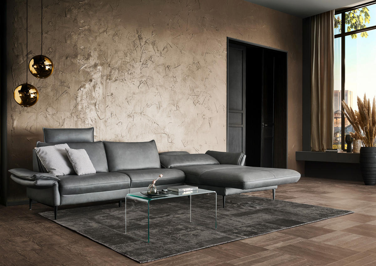 ECKSOFA in Echtleder Anthrazit  - Anthrazit/Schwarz, Design, Leder/Metall (334/172cm) - Hukla