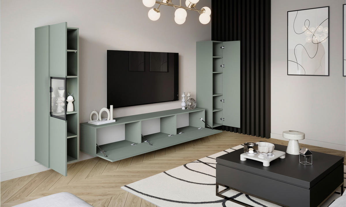 SZEKRÉNYSOR zsályazöld  - zsályazöld/szürke, Design, faalapú anyag/üveg (240/130/31cm) - P & B