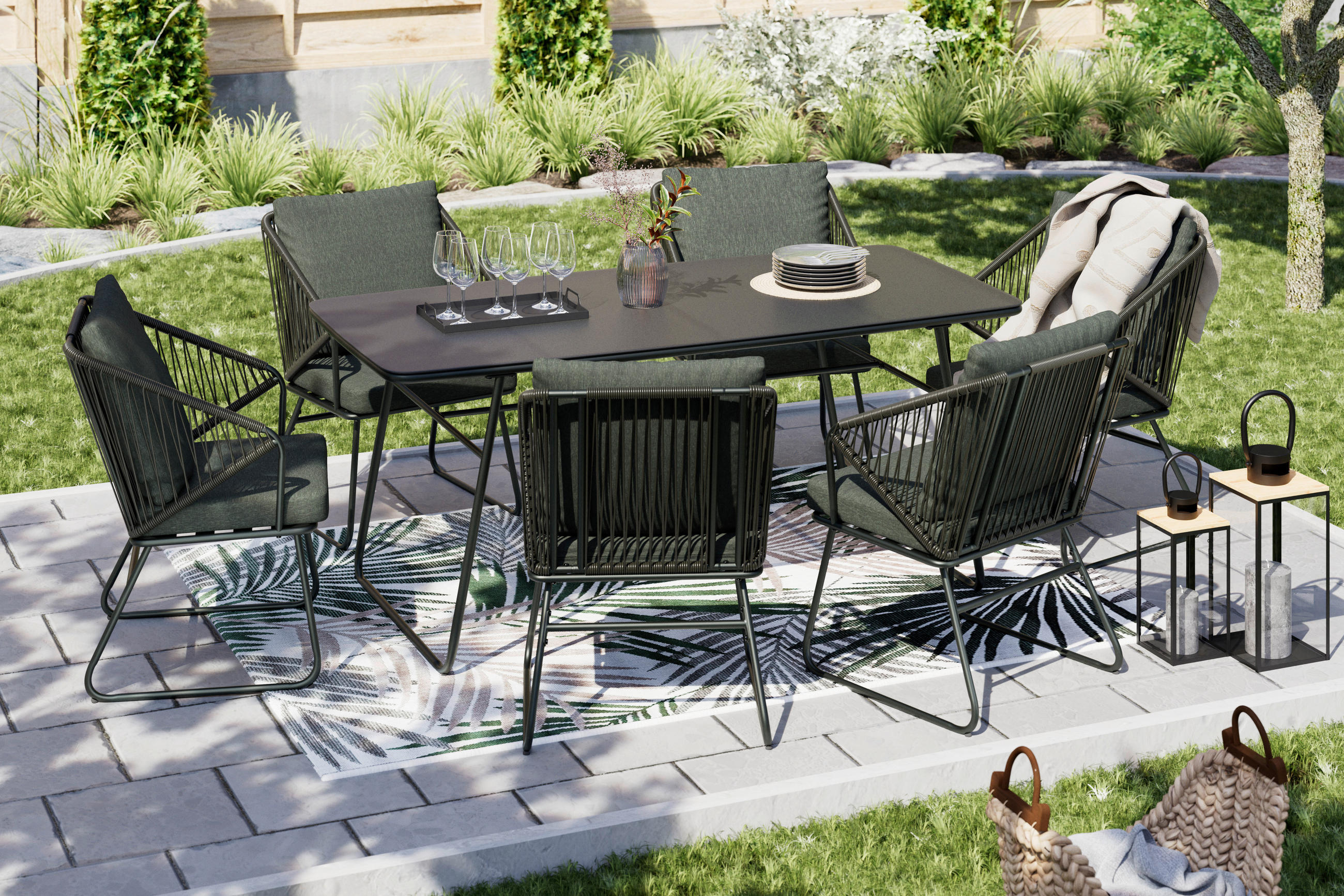 GARTENTISCHGRUPPE Webstoff Eisen  - Dunkelgrau/Schwarz, Design, Glas/Kunststoff (58/85/85/76/60/180cm) - Ambia Garden